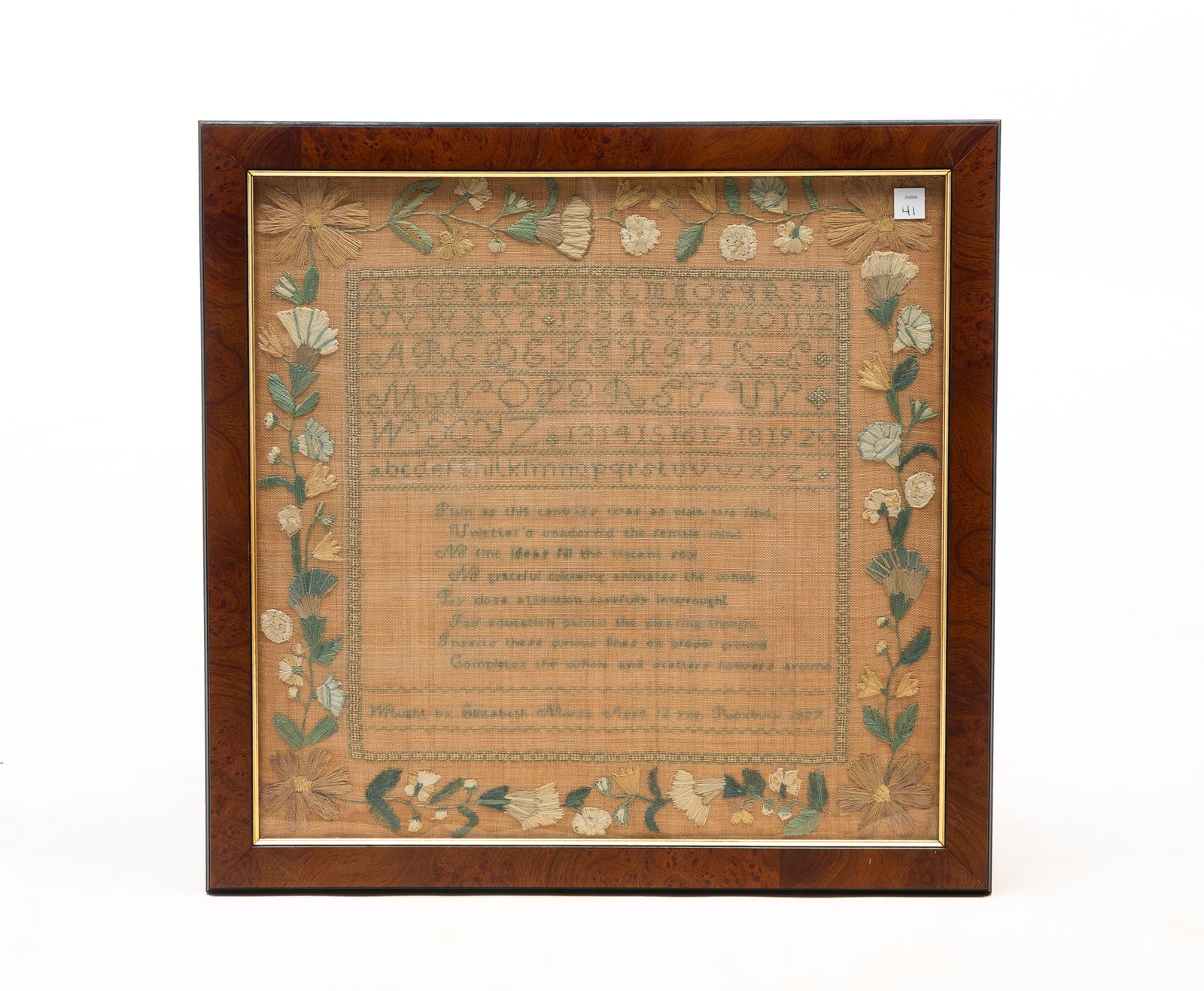 ELIZABETH MORSE (ROXBURY, MASSACHUSETTS, B. 1815) NEEDLEWORK SAMPLER, DATED 1827. Frame, 19.5"h. (1 of 4)