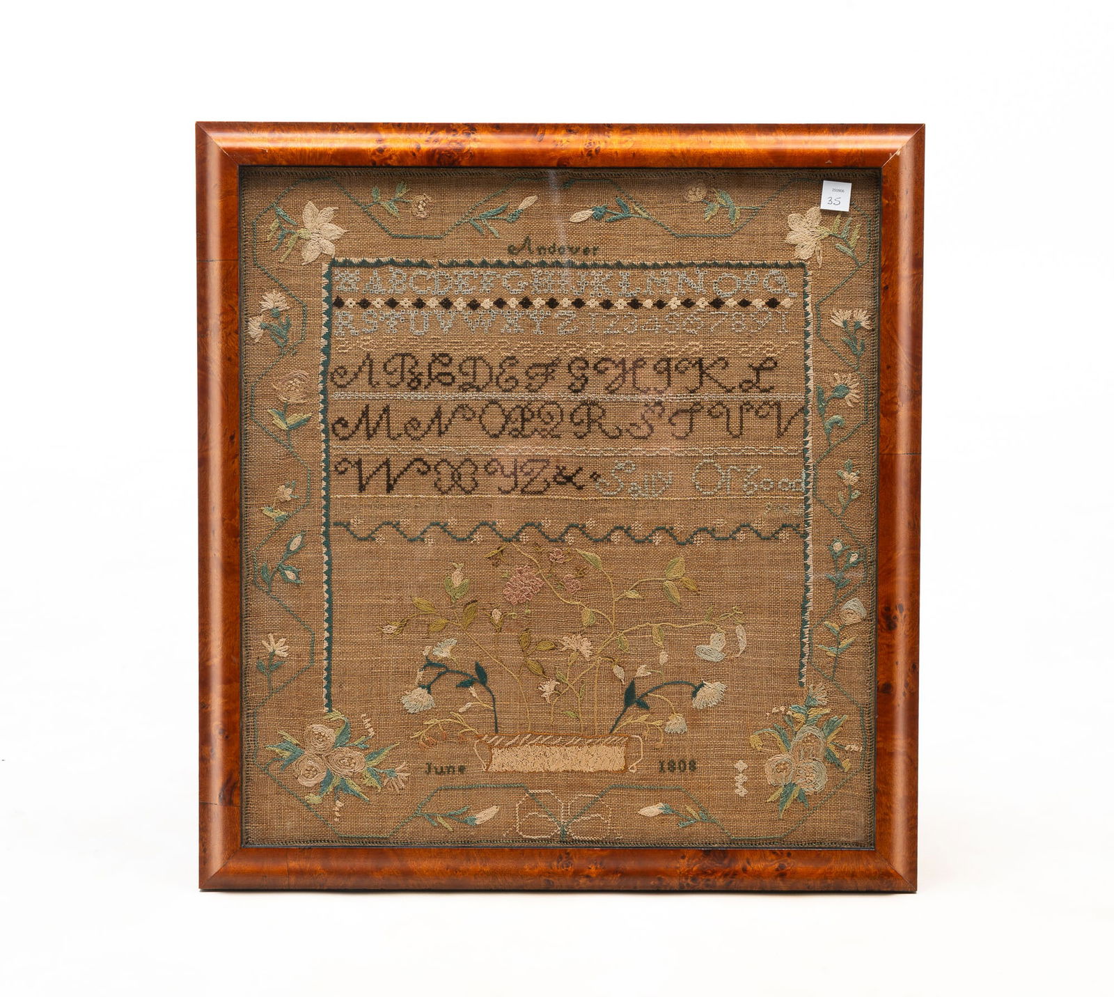 SALLY OSGOOD (ANDOVER, MASSACHUSETTS) NEEDLEWORK SAMPLER, DATED 1808. Frame, 20.5"h. 19.5"w. (1 of 4)