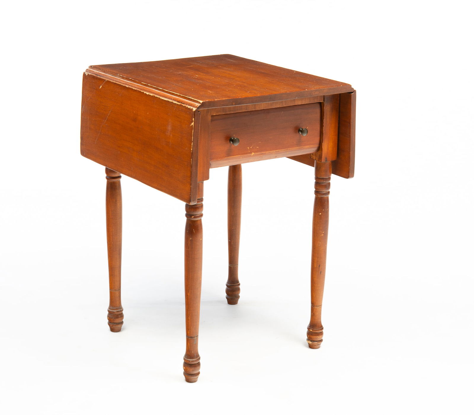 AMERICAN SHERATON PINE ONE-DRAWER STAND WITH DROP LEAVES. 27.5"h. Open, 34.5" with 8.75" leaves. (1 of 5)