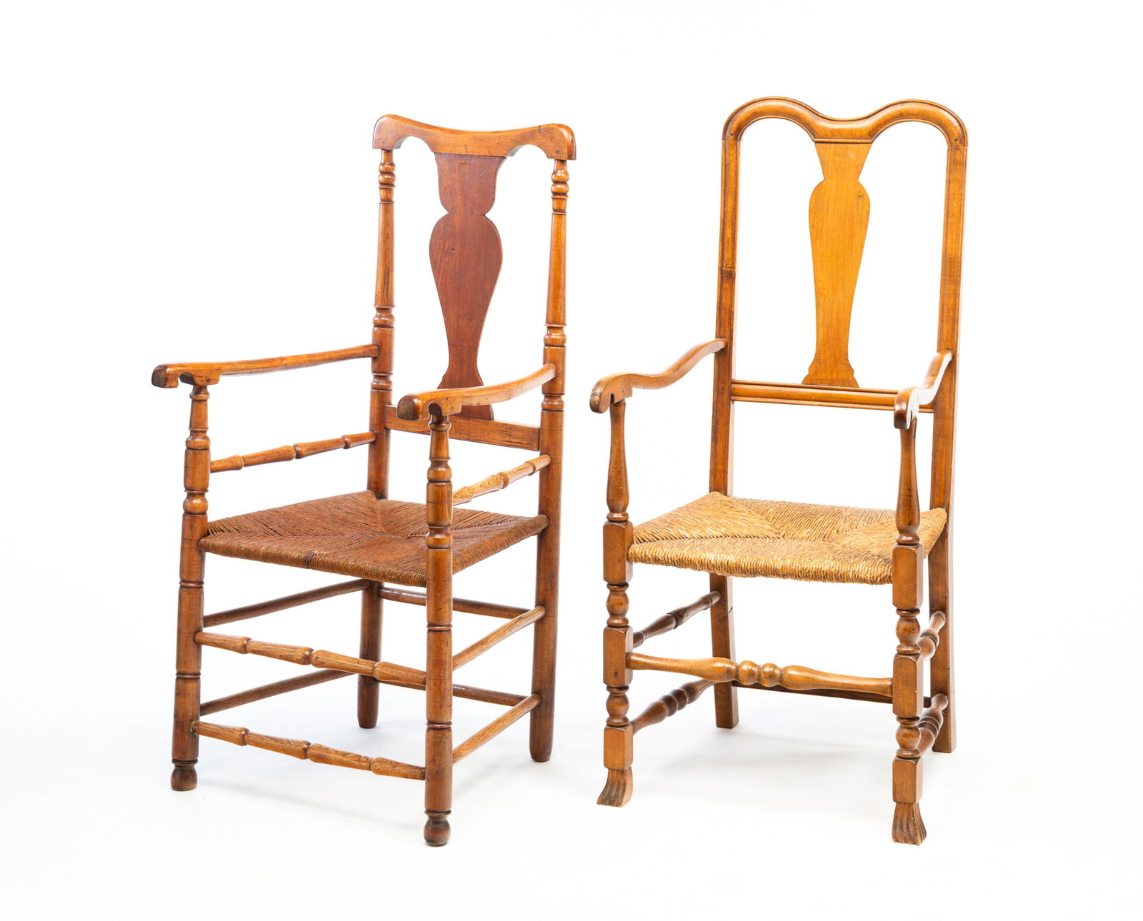 TWO NEW ENGLAND VASE-BACK ARMCHAIRS WITH RUSH SEATS. 45.5"h.17.5" seat h. (1 of 5)