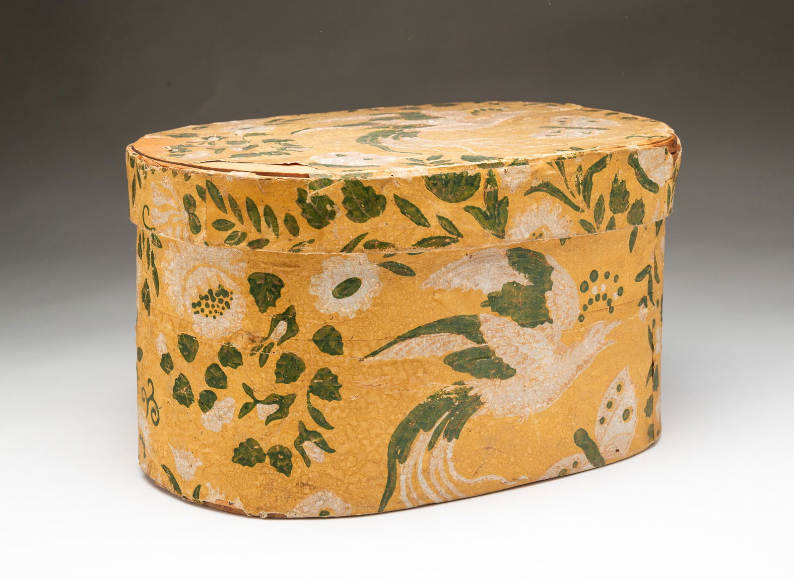 LABELED HANNAH DAVIS (JAFFREY, NEW HAMPSHIRE, 1784-1863) WALLPAPER BAND BOX. 7"h. 12"w. 9"d. (1 of 6)