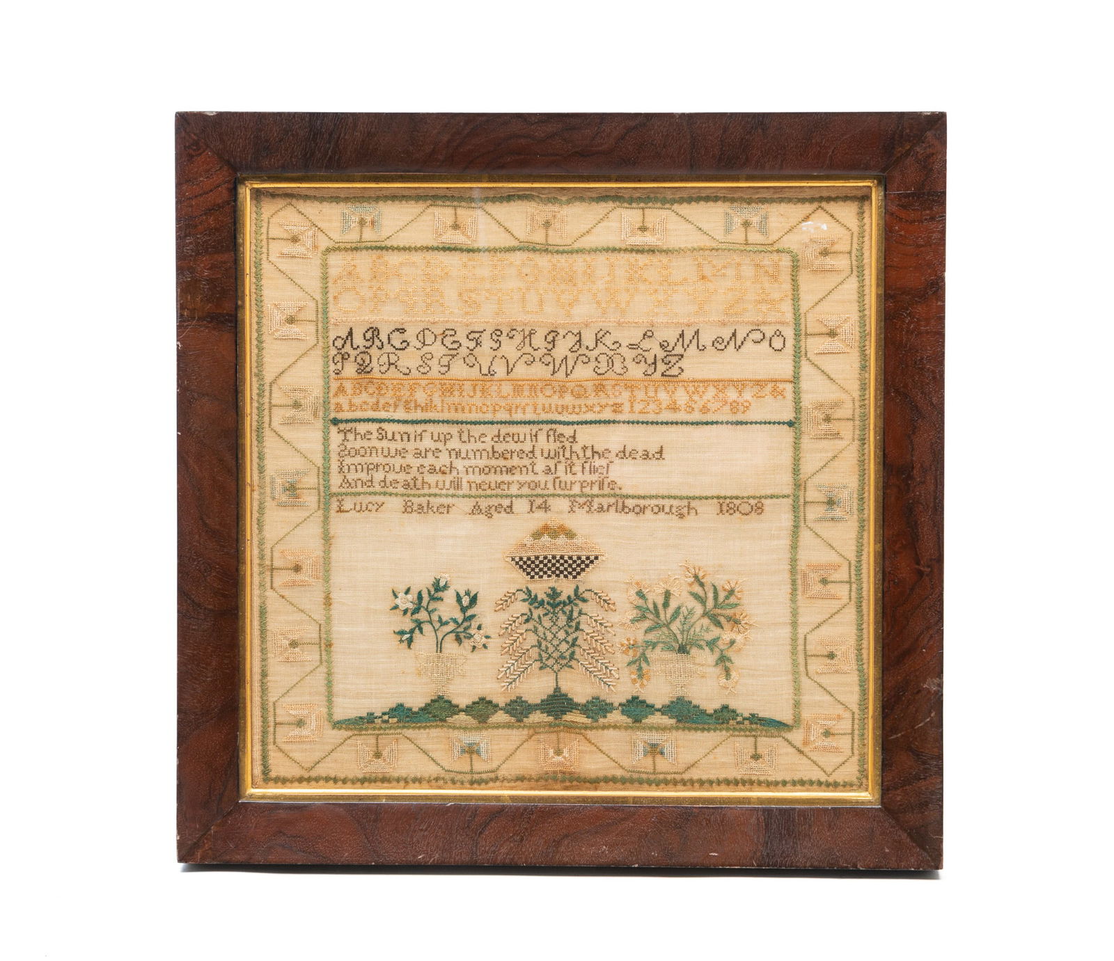 LUCY BAKER (SHREWSBURY, MASSACHUSETTS, B. 1794) NEEDLEWORK SAMPLER, DATED 1808. Frame, 18.5"h (1 of 4)