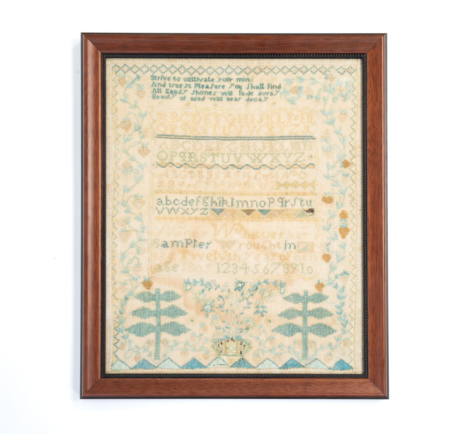 NANCY WHITTIER (AMERICAN, B. 1793) NEEDLEWORK SAMPLER, DATED 1805. Frame, 17"h. 14"w. (1 of 5)