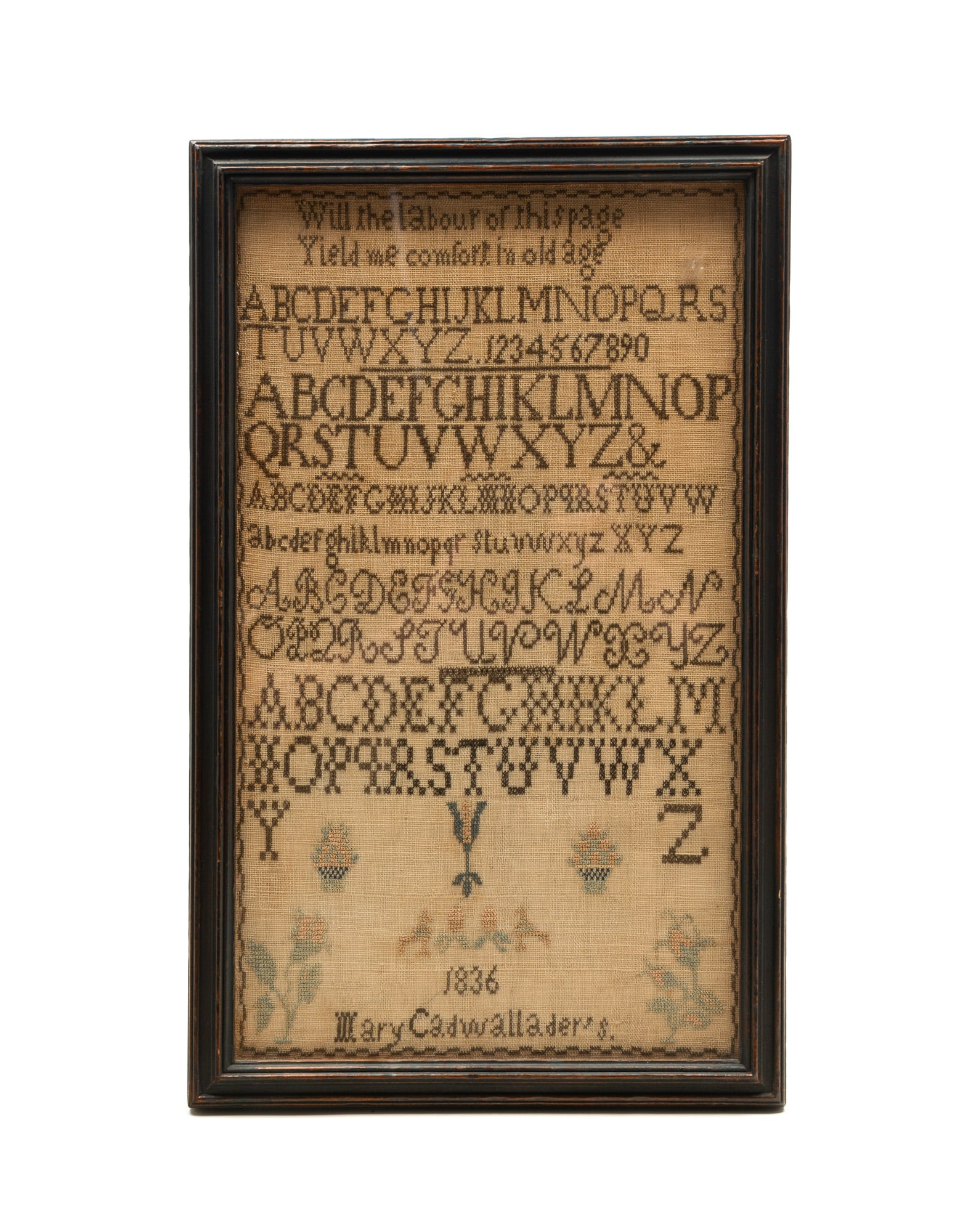 MARY CADWALLADER (PHILADELPHIA, PENNSYLVANIA) QUAKER NEEDLEWORK SAMPLER, DATED 1836. Frame, 20.25"h. (1 of 4)