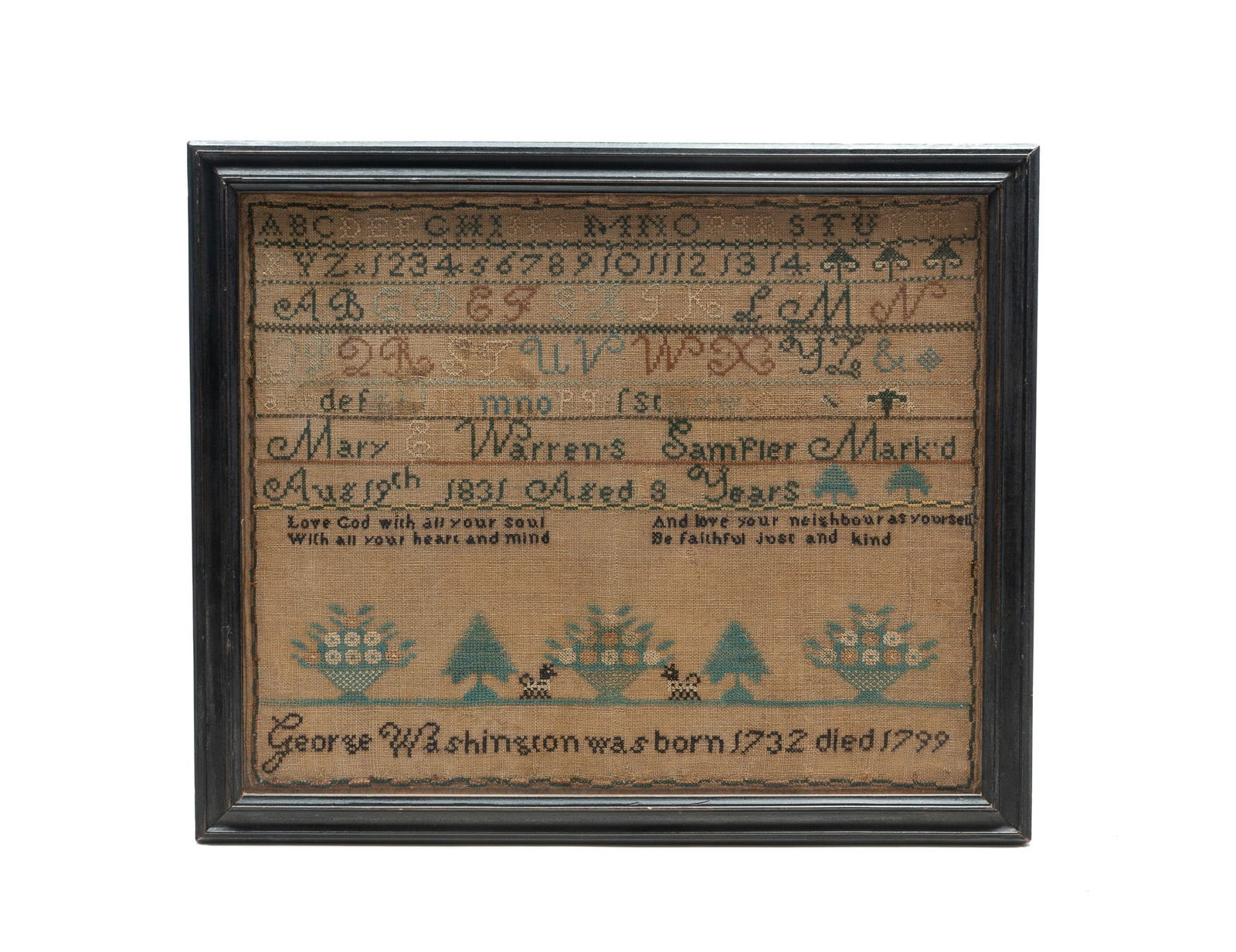 MARY WARREN (DELAWARE COUNTY, NEW YORK, B. 1823) NEEDLEWORK SAMPLER, DATED 1831. Frame,16.5"h. (1 of 5)