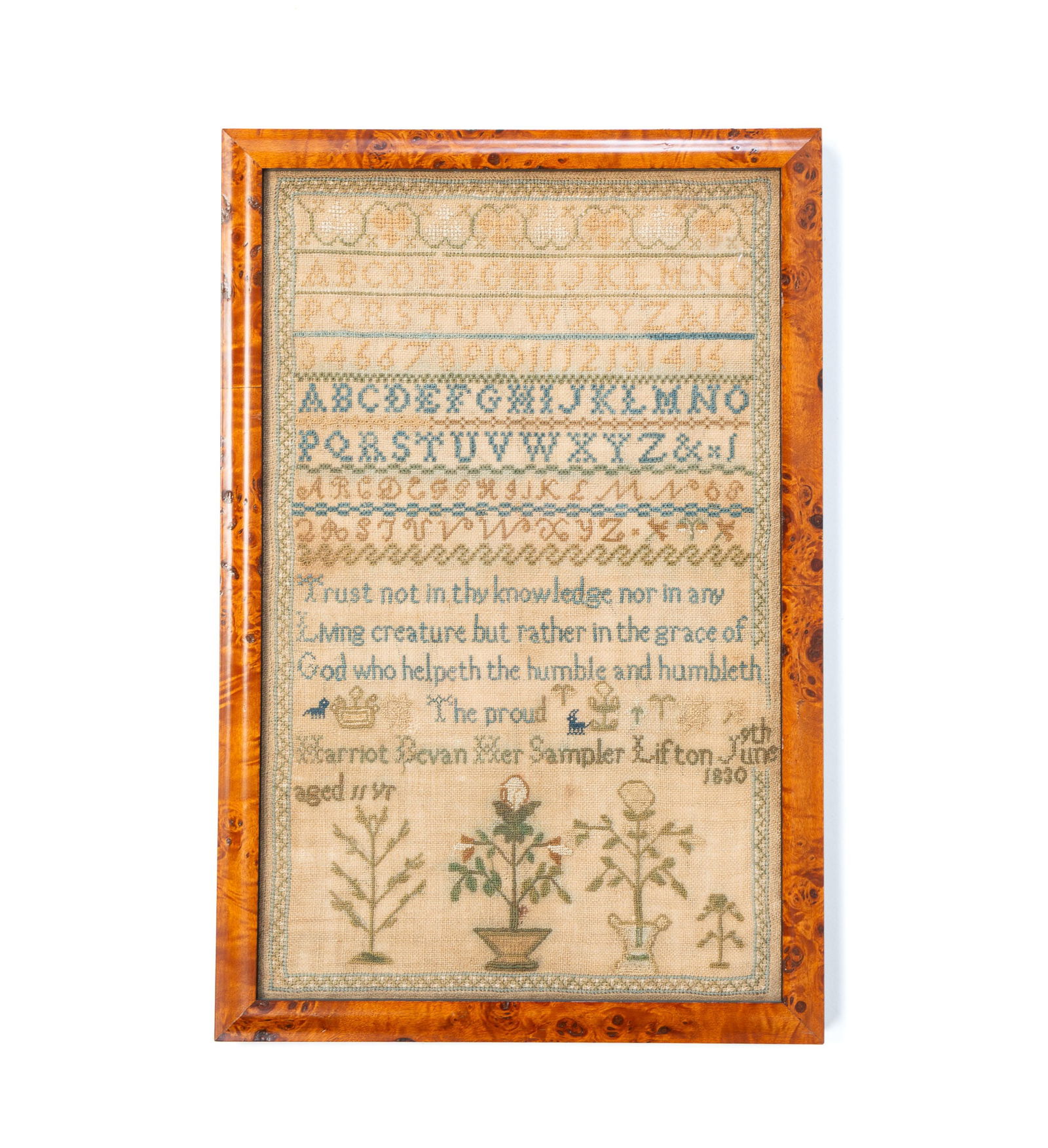 HARRIOT BEVAN (ENGLISH, B. 1819) NEEDLEWORK SAMPLER, DATED 1830. Frame, 17.75"h. 11.75"w. (1 of 3)