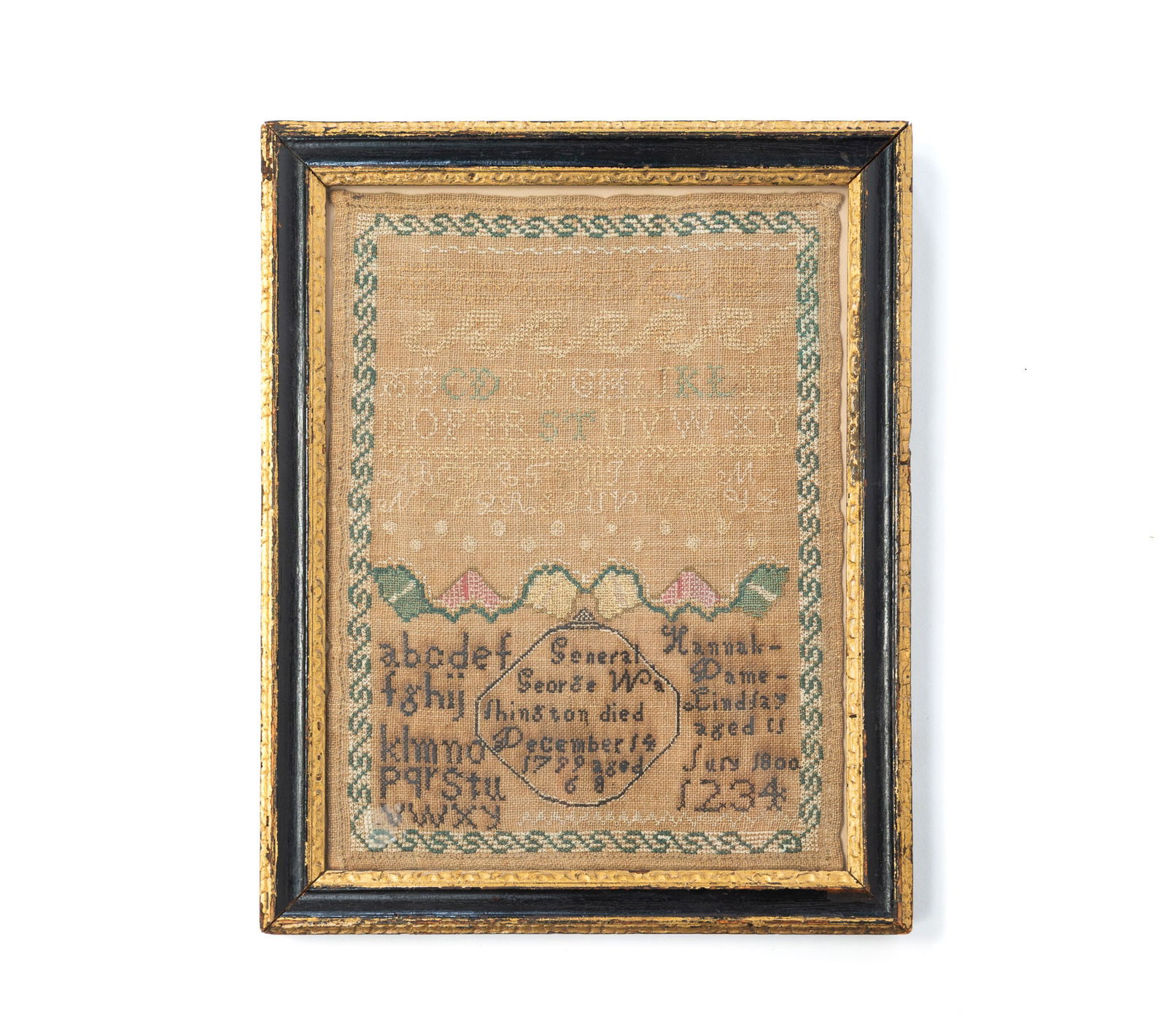 HANNAH DAME LINDSAY (AMERICAN) GENERAL GEORGE WASHINGTON MEMORIAL NEEDLEWORK SAMPLER, DATED 1800. (1 of 4)