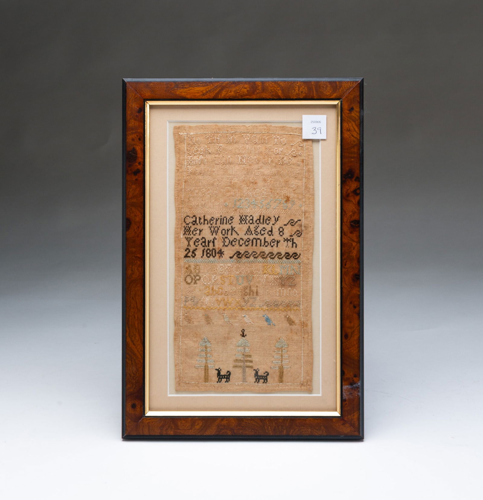 CATHERINE HADLEY (AMERICAN, B. 1796) DIMINUTIVE NEEDLEWORK SAMPLER, DATED 1804. Frame, 11.25"h. (1 of 4)