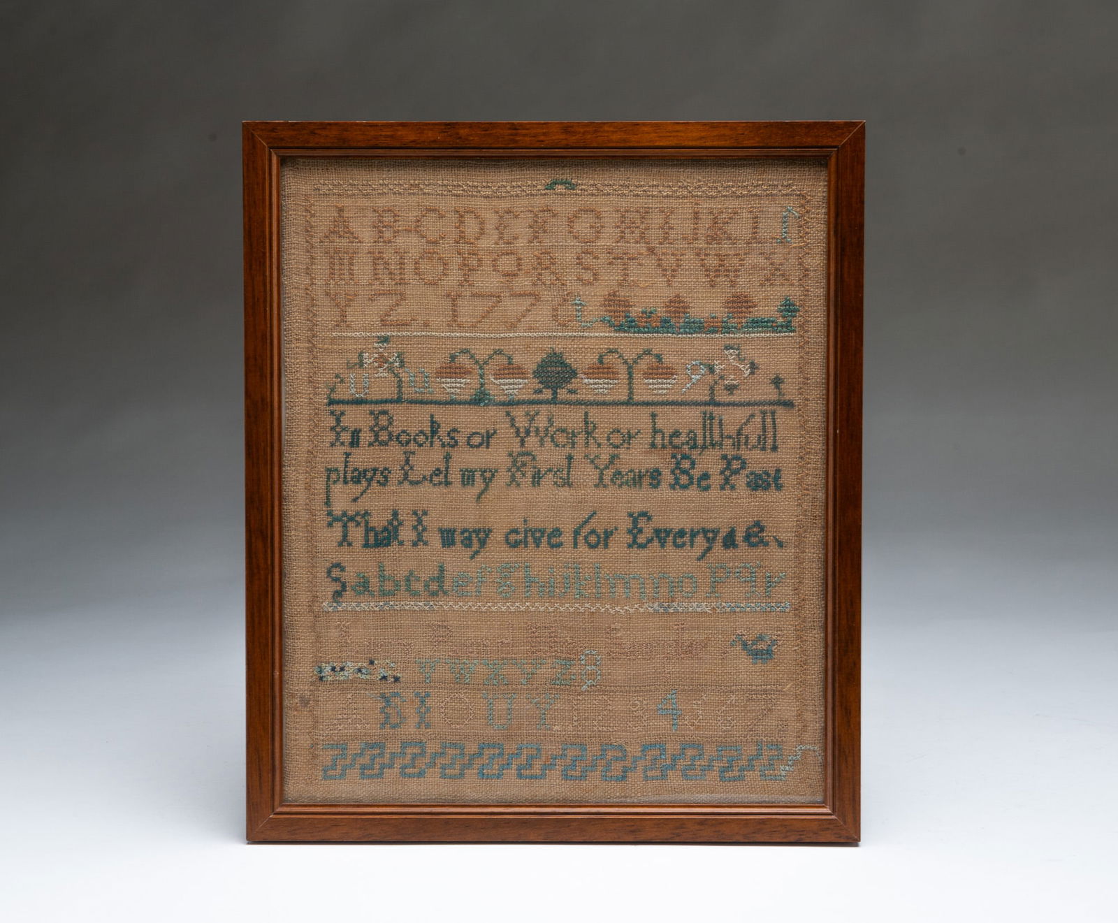 LUCY RAND (AMERICAN) NEEDLEWORK SAMPLER. Frame, 11.75"h. 10"w. (1 of 3)