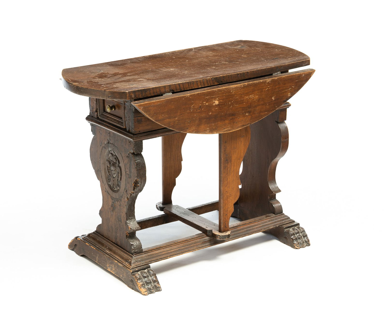 EUROPEAN 17TH CENTURY-STYLE BUTTERFLY DROP LEAF TABLE. 20.5"h. 27.25"w. 21"d. open with 5" leaves. (1 of 7)