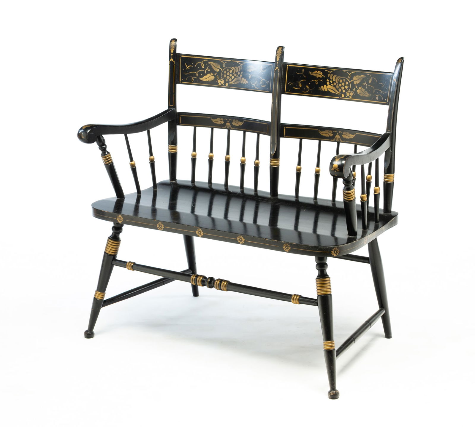 TELL CITY CHAIR COMPANY (TELL CITY, INDIANA) EBONIZED AND GILT-STENCILED DOUBLE-CHAIRBACK SETTEE. (1 of 5)