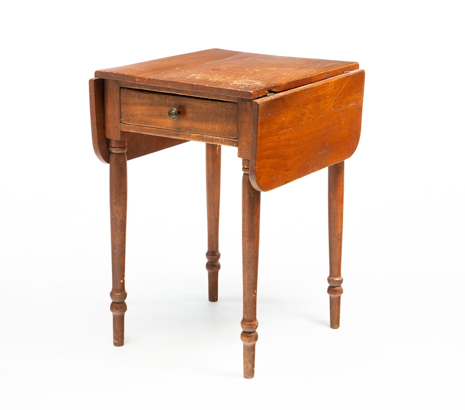 AMERICAN SHERATON PINE ONE-DRAWER STAND WITH DROP LEAVES. 28.5"h. 36" open with 8.75" leaves. 21"d. (1 of 5)