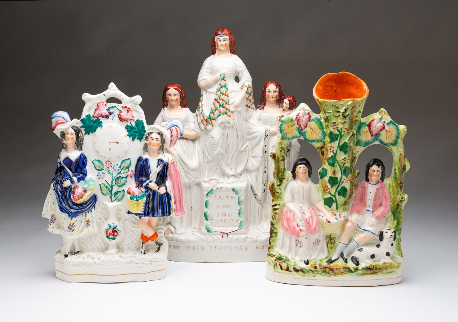 THREE STAFFORDSHIRE FIGURAL GROUPS. Largest, 15.5"h. (1 of 5)