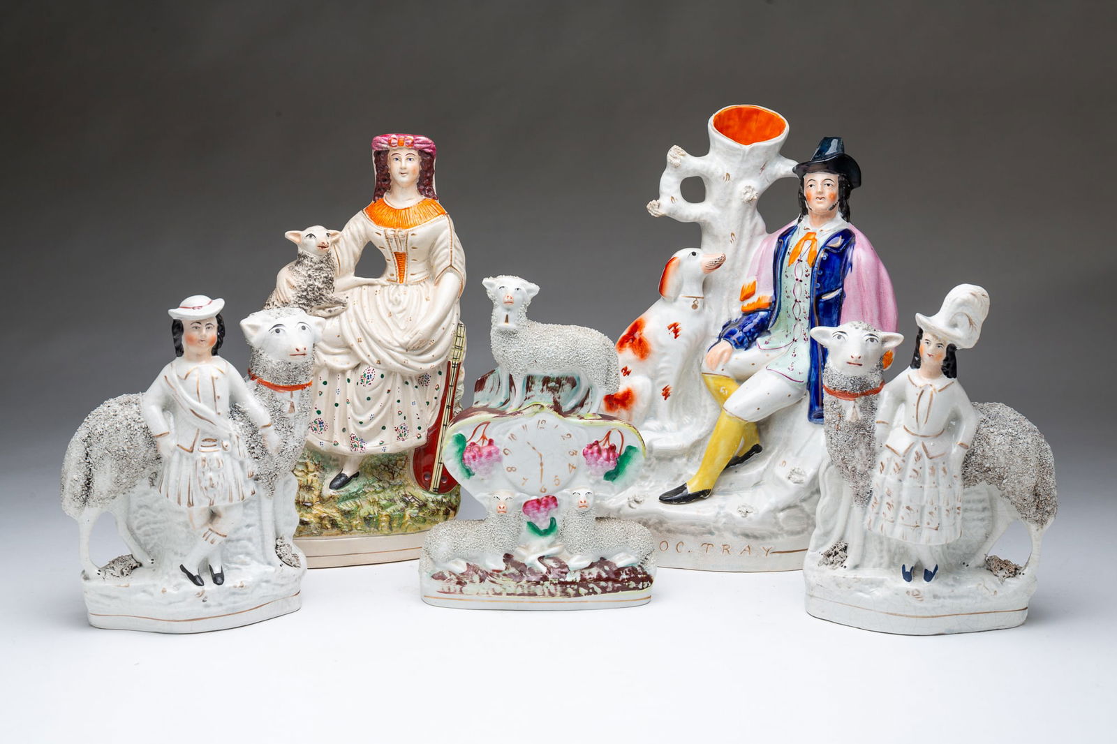 FIVE STAFFORDSHIRE FIGURAL GROUPS. Largest, 12.5"h. (1 of 4)