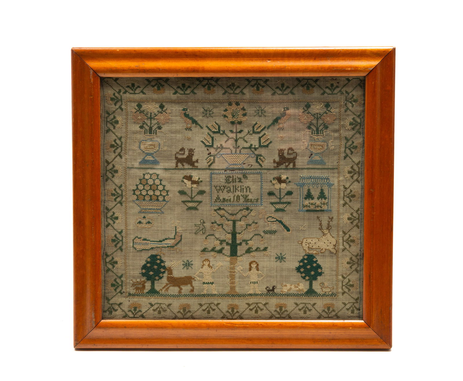 ELIZABETH WALKLIN (ENGLISH) ADAM AND EVE NEEDLEWORK SAMPLER. Frame, 14.5"h. 15.5"w. (1 of 3)