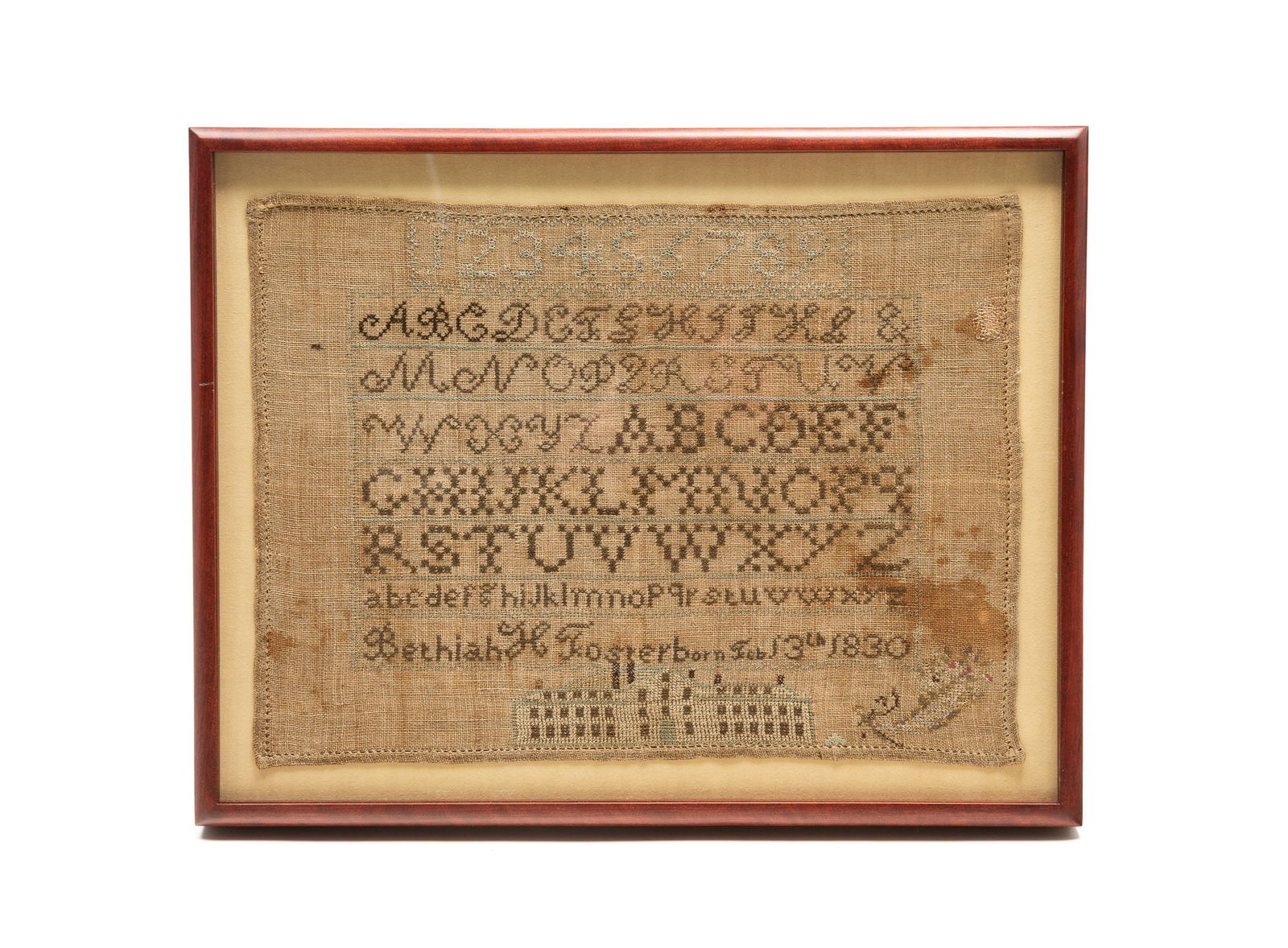 BETHIAH H. FOSTER (AMERICAN, B. 1830) NEEDLEPOINT SAMPLER. Frame, 15.5"h. 19.75"w. (1 of 4)