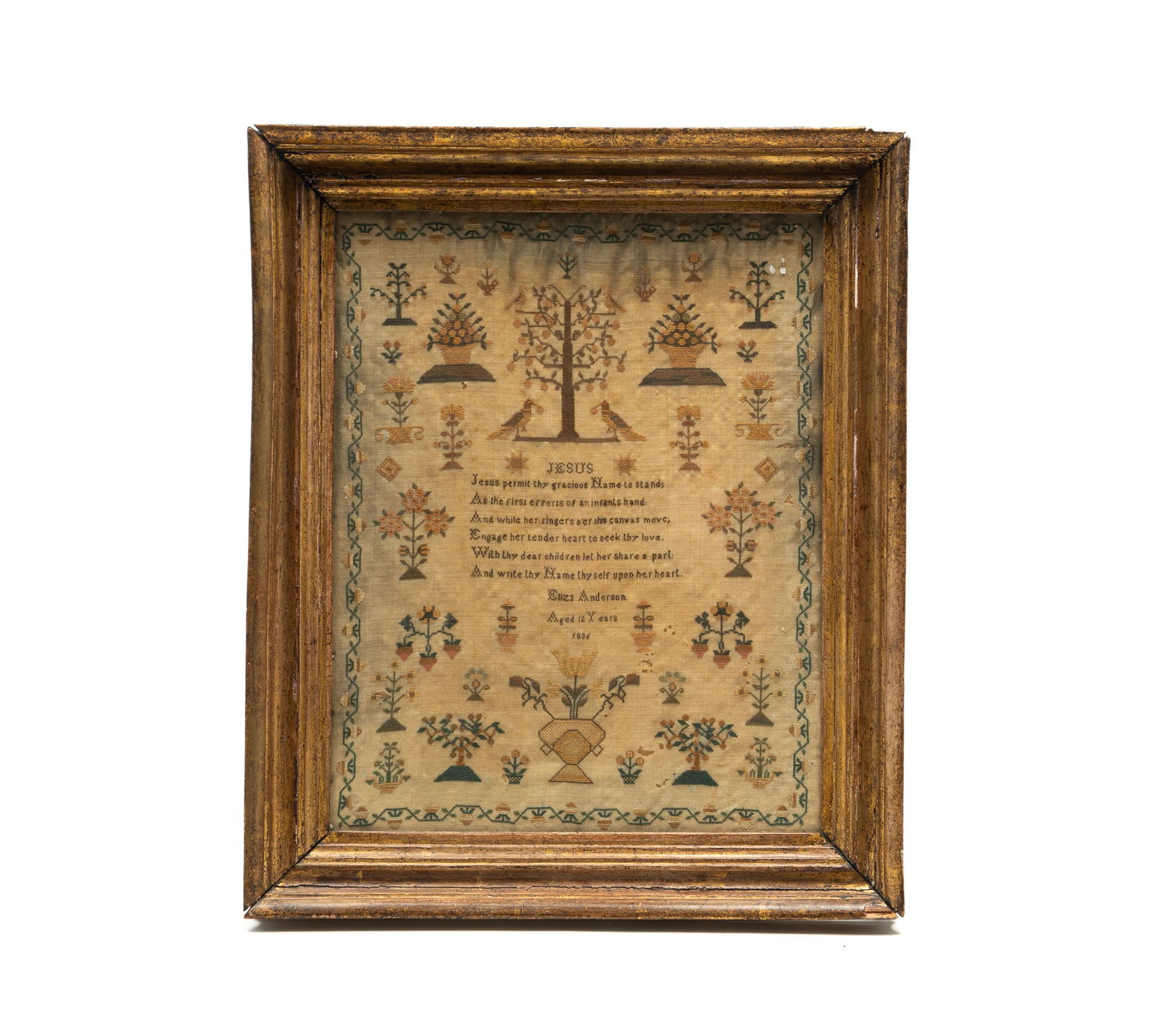 ELIZA ANDERSON (AMERICAN, B. 1824) NEEDLEWORK SAMPLER, DATED 1836. Frame, 19"h. 16"w. (1 of 4)