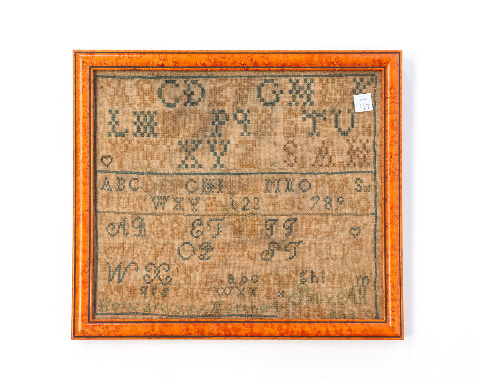 SALLY ANN HOWARD (AMERICAN, B. 1824) NEEDLEWORK SAMPLER, DATED 1834. Frame, 12.5"h. 14.25"w. (1 of 4)