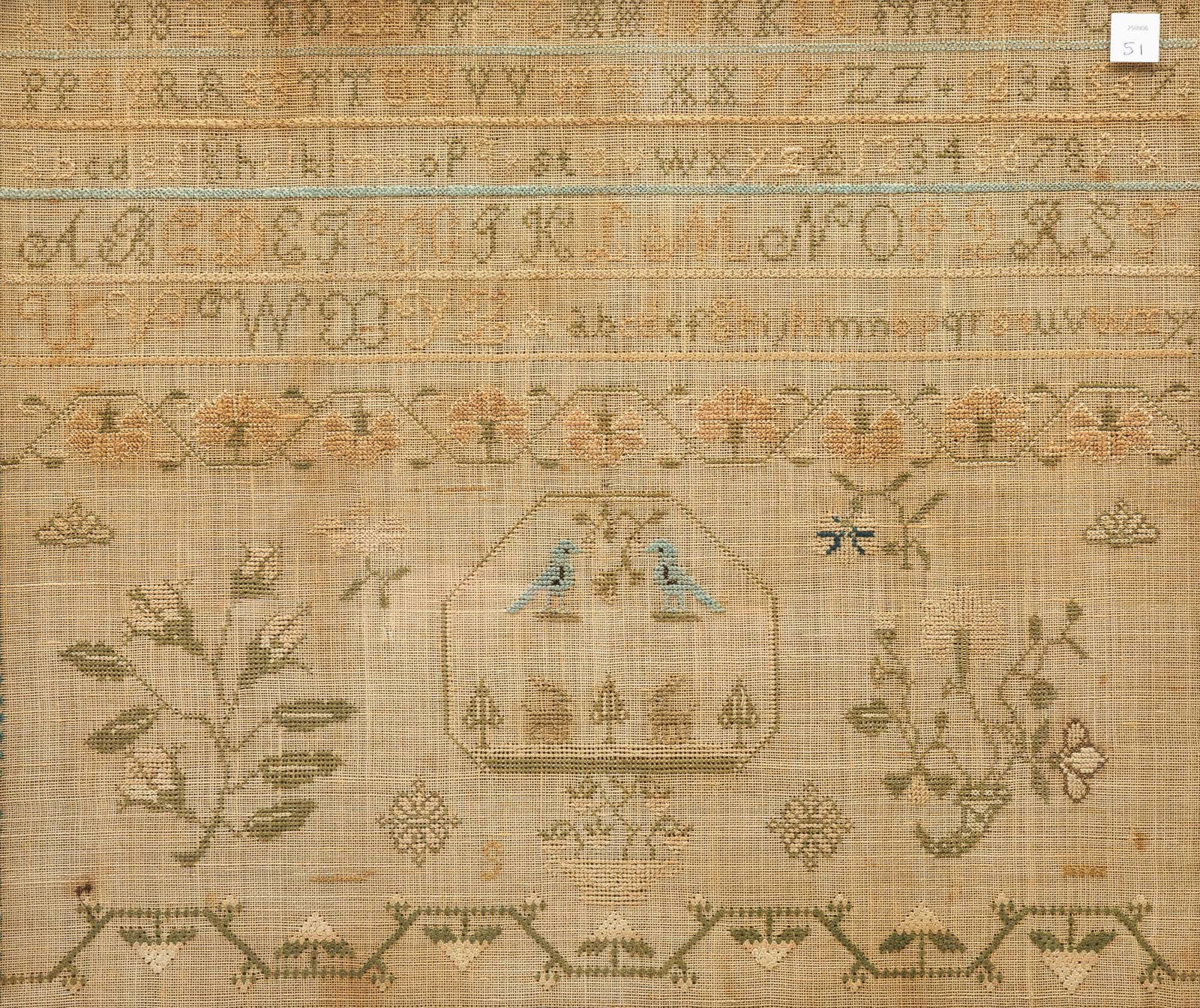 AMERICAN NEEDLEWORK SAMPLER. Frame, 21."h. 23.75"w. - 2