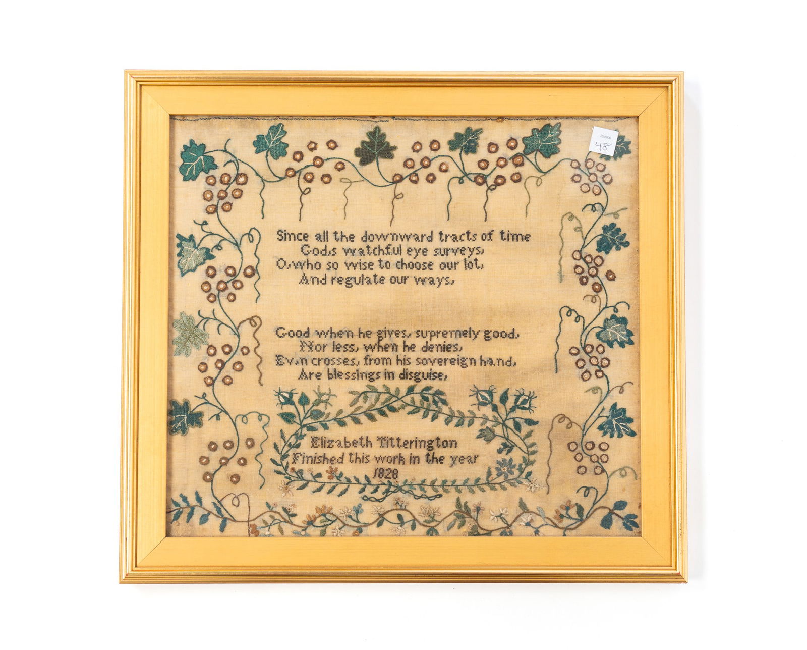 ELIZABETH TITTERINGTON (ENGLISH) NEEDLEWORK SAMPLER, DATED 1828. Frame, 15"h. 16.5"w. (1 of 3)