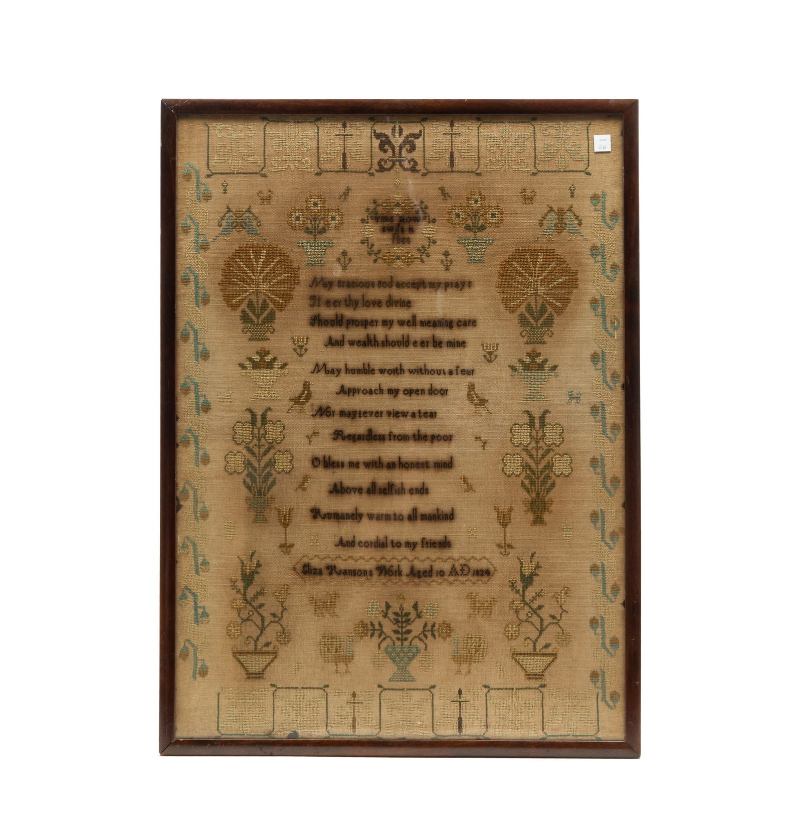 ELIZAN HANSON (AMERICAN, B. 1814) NEEDLEWORK SAMPLER, DATED 1824. Frame, 30.25"h. 22"w. (1 of 3)