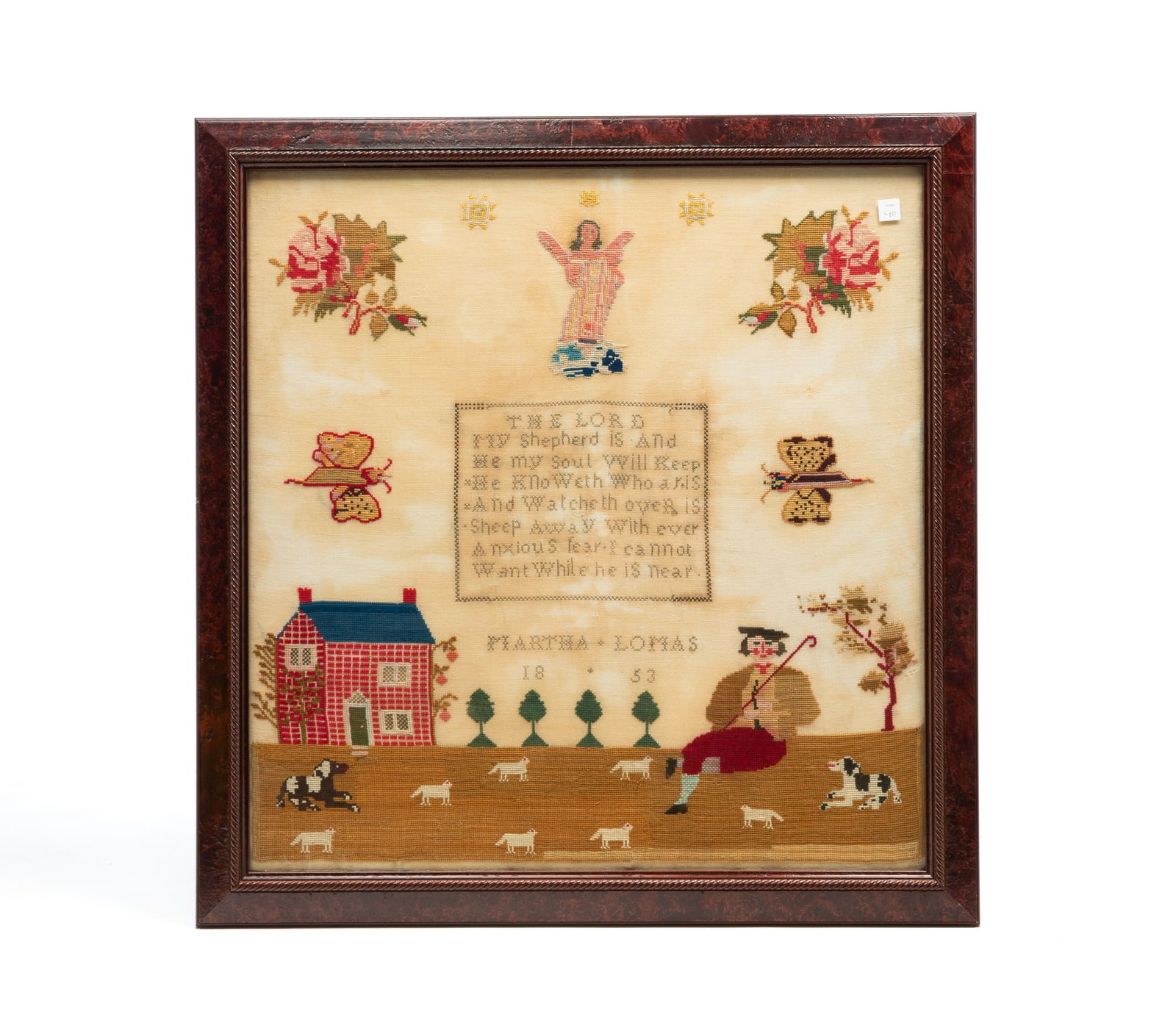 MARTHA LOMAS (AMERICAN) NEEDLEWORK SAMPLER, DATED 1853. Frame, 28.75"h. 28"w. (1 of 6)