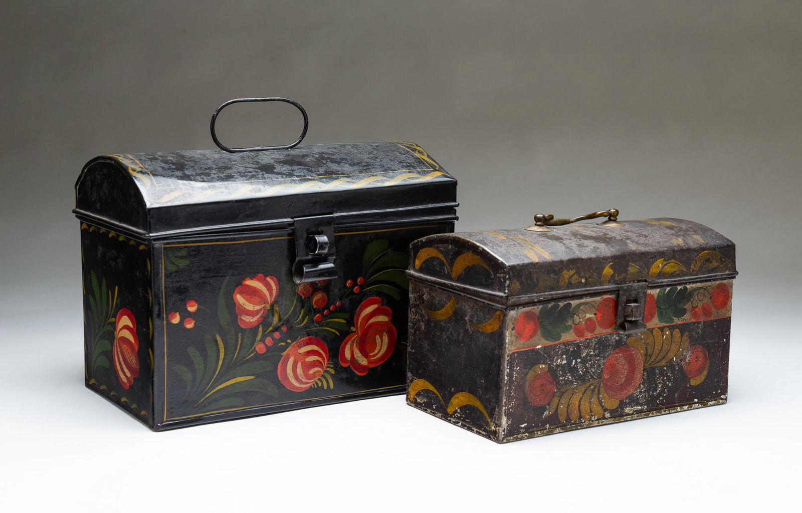 TWO PENNSYLVANIA TOLE WARE DOME TOP DOCUMENT BOXES. Wire bale handle, 4.5"h. 10"w. 6"d. Brass bale (1 of 6)