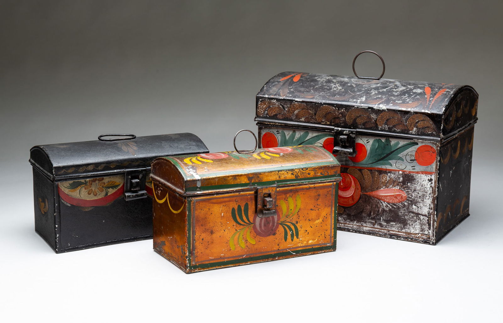 THREE PENNSYLVANIA TOLE DOME TOP DOCUMENT BOXES. Largest, 7.5"h. 9.75"w. 6.5"d. (1 of 7)