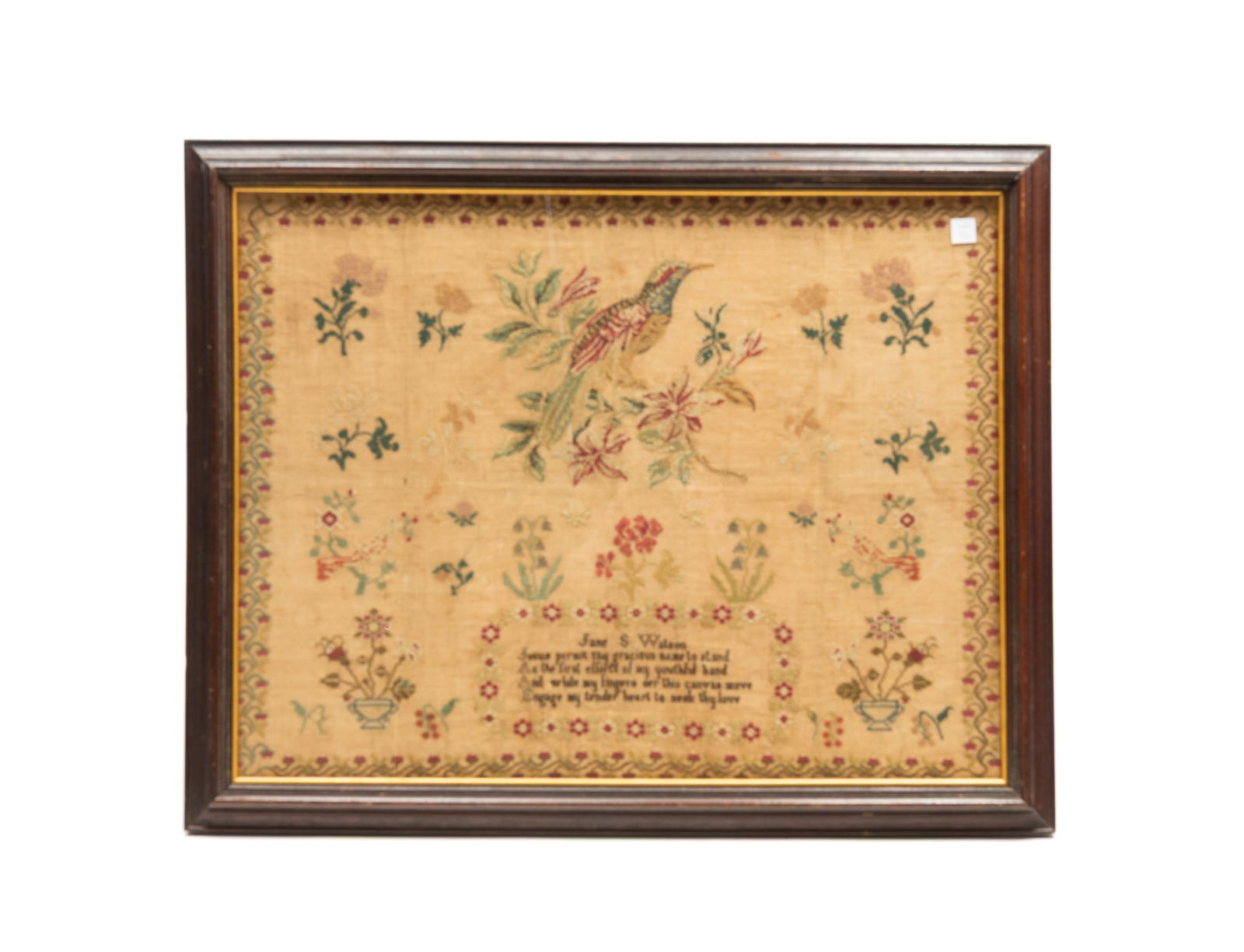 JANE S. WATSON NEEDLEWORK BIRD AND FLORAL SAMPLER. Frame, 22.25"h. 27.75"w. (1 of 4)