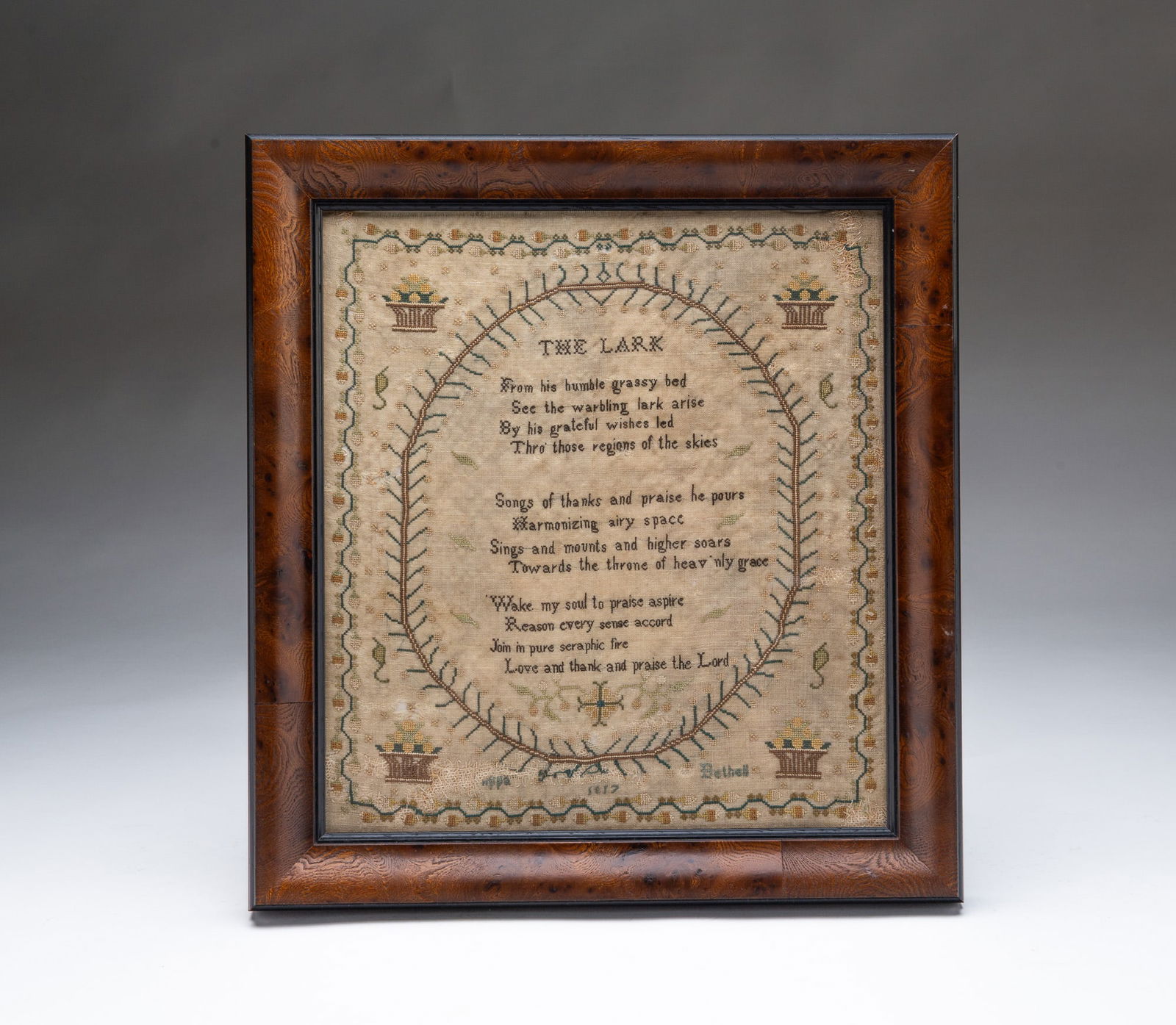 ENGLISH SCHOOL NEEDLEWORK POEM "THE LARK", DATED 1817. (1 of 4)