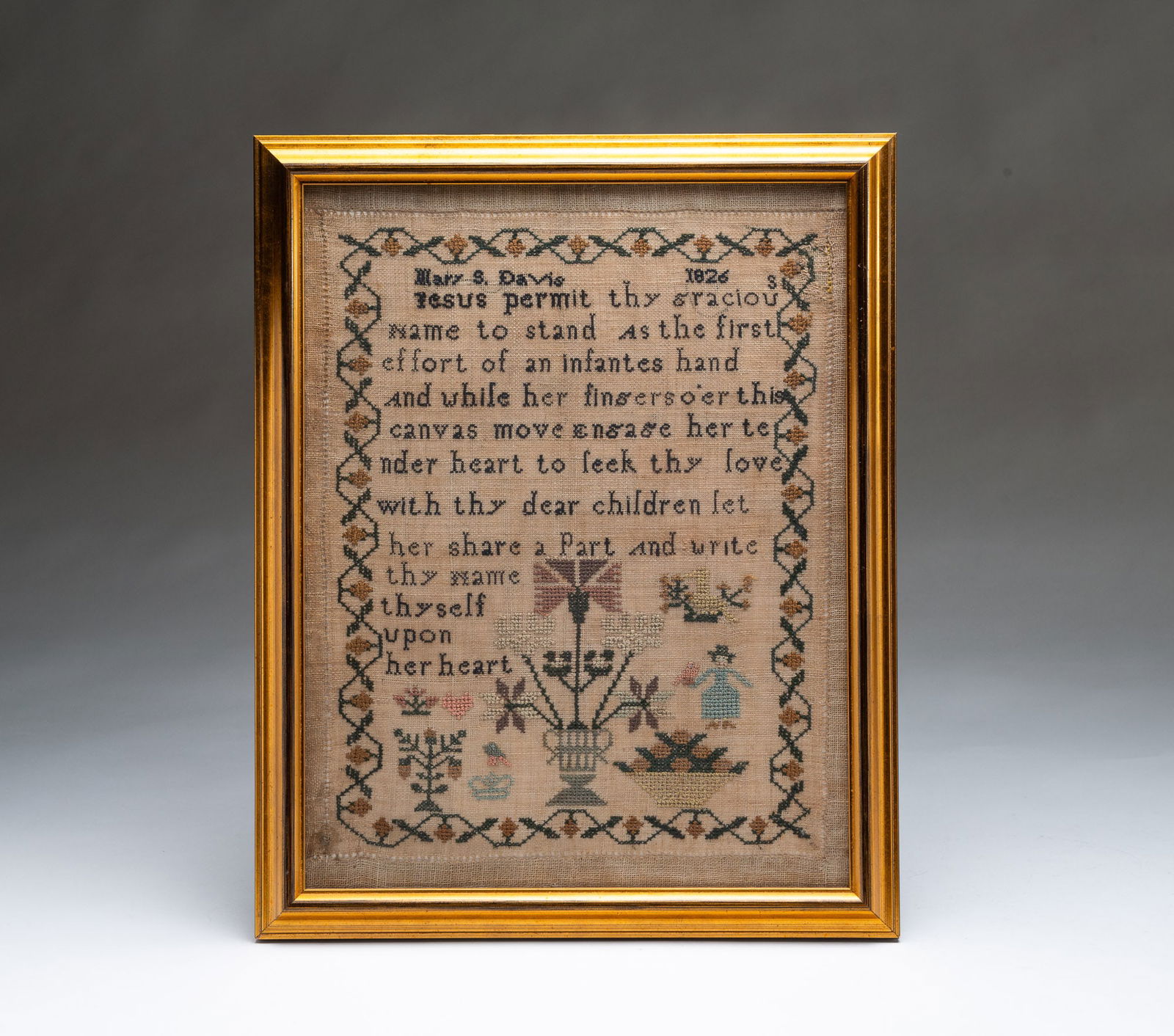 MARY S. DAVIS (AMERICAN OR ENGLISH) NEEDLEPOINT SAMPLER, DATED 1826. Frame, 14.5"h. 11.5"w. (1 of 4)