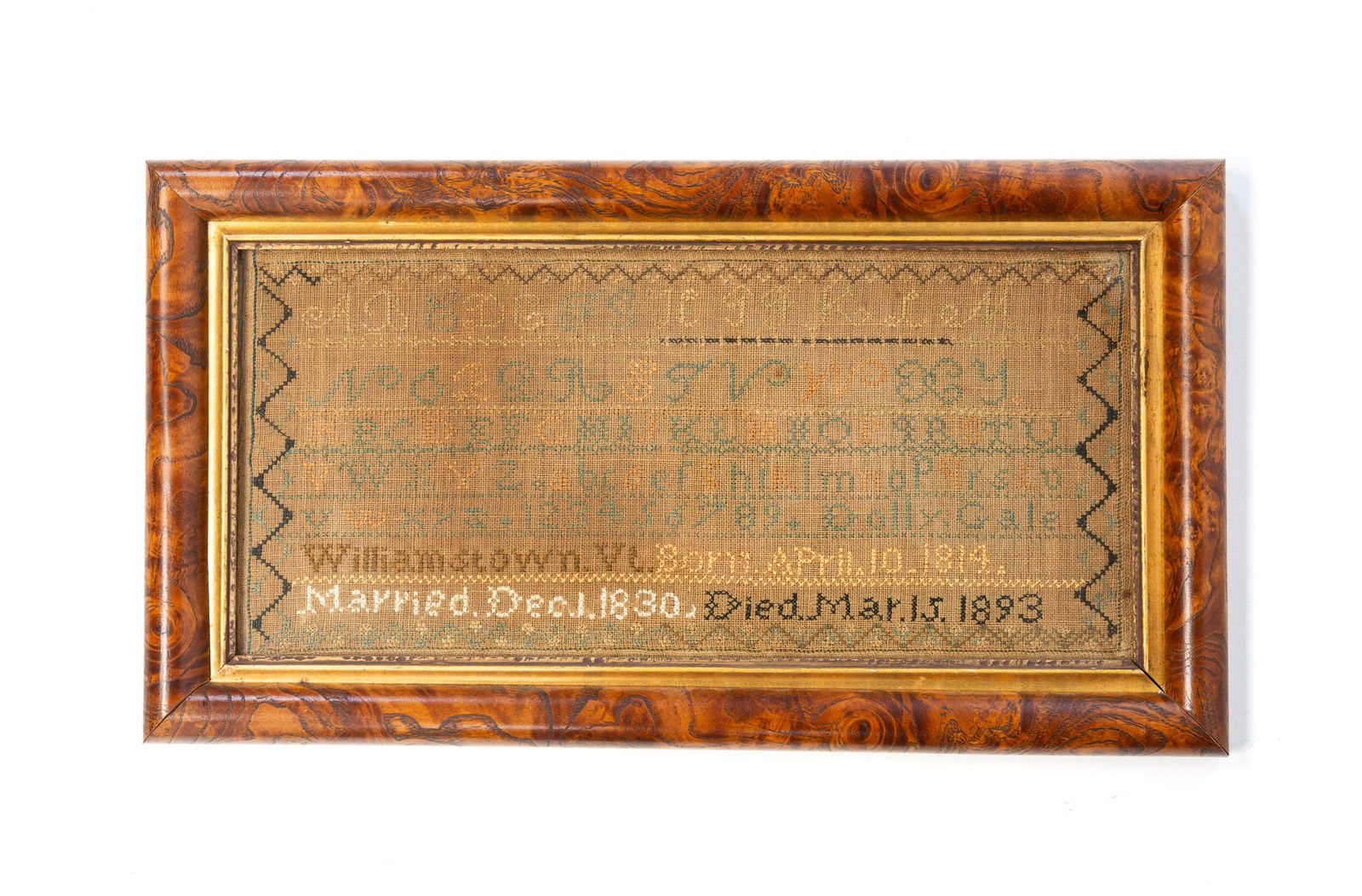 WILLIAMSTOWN, VERMONT MEMORIAL NEEDLEWORK SAMPLER FOR DOLLY GALE (AMERICAN, B. 1814). Frame, (1 of 5)