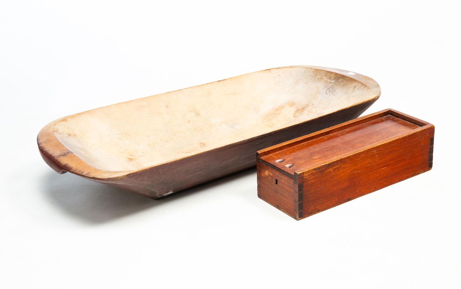 AMERICAN PINE SLIDE LID BOX AND TRENCHER. Box, 4.5"h. 15.75"w. 5.75"d. Trencher, 5"h. 34.25"w. (1 of 8)