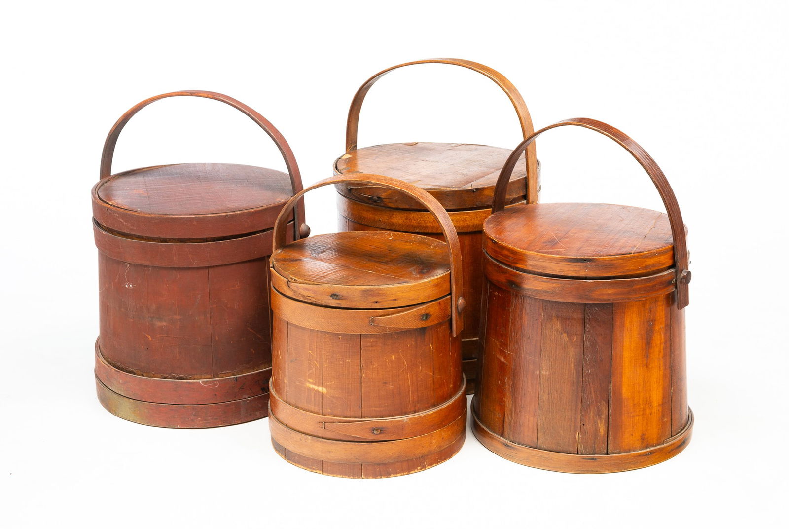 FOUR AMERICAN FIRKINS. Largest (not including handle), 12"h. 12"dia. (1 of 7)