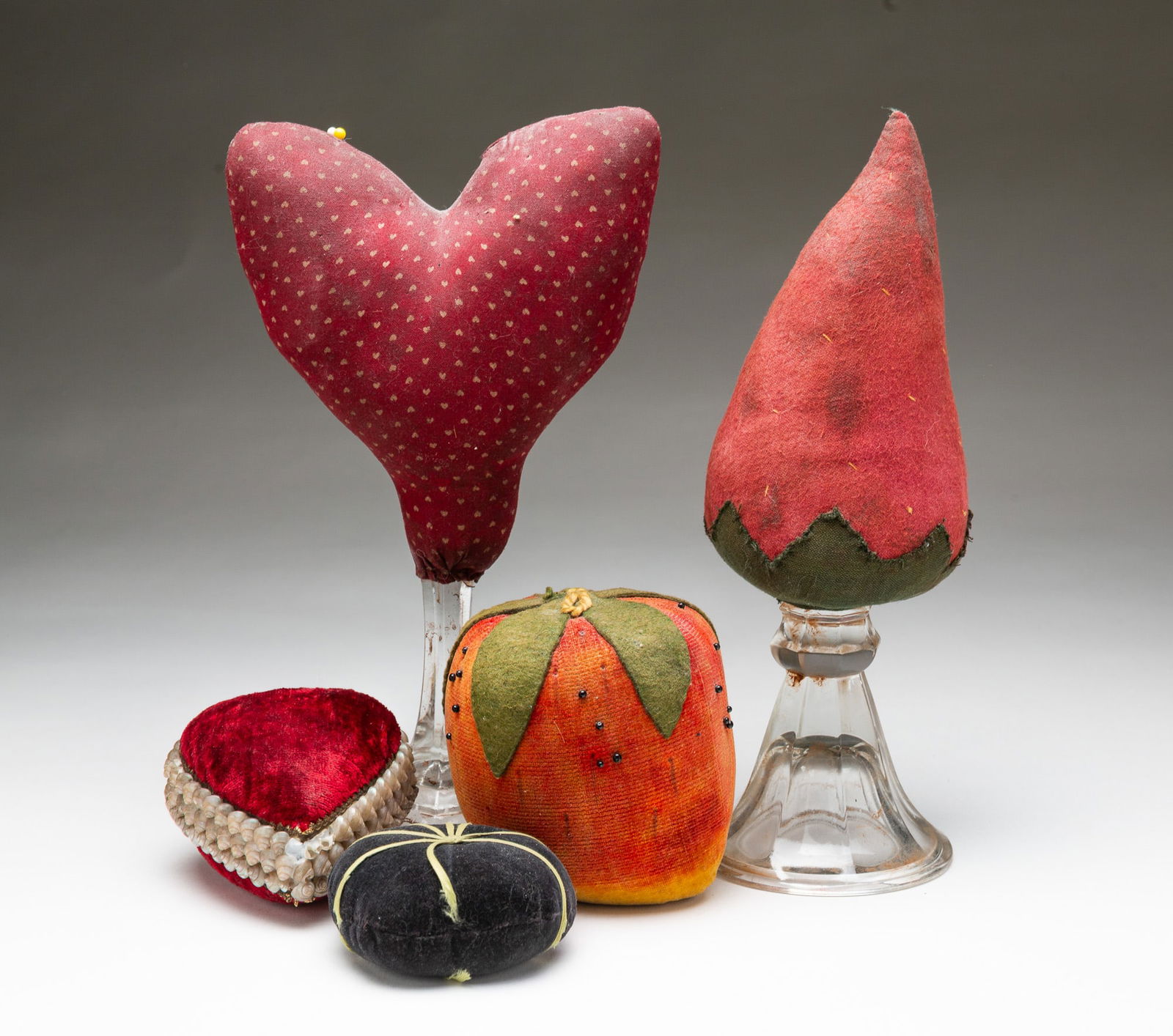 FIVE PINCUSHIONS, INCLUDING TWO MAKE-DO EXAMPLES. Tallest, 10.5"h. (1 of 4)