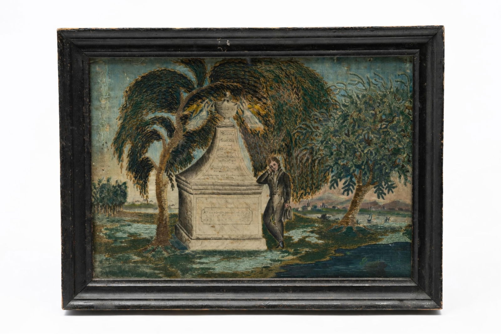 AMERICAN SCHOOL WATERCOLOR AND SILK NEEDLEWORK MOURNING MEMORIAL FOR SALLY QUINCY AND HER INFANT (1 of 4)