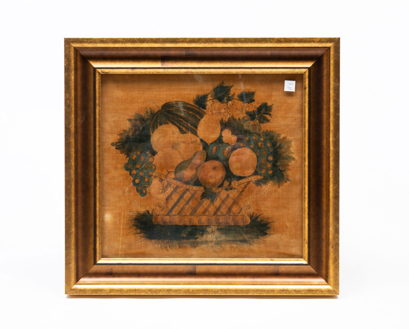 AMERICAN SCHOOL FOLK ART FRUIT BASKET THEOREM ON VELVET. Frame, 18.25"h. 19.5"w. (1 of 4)