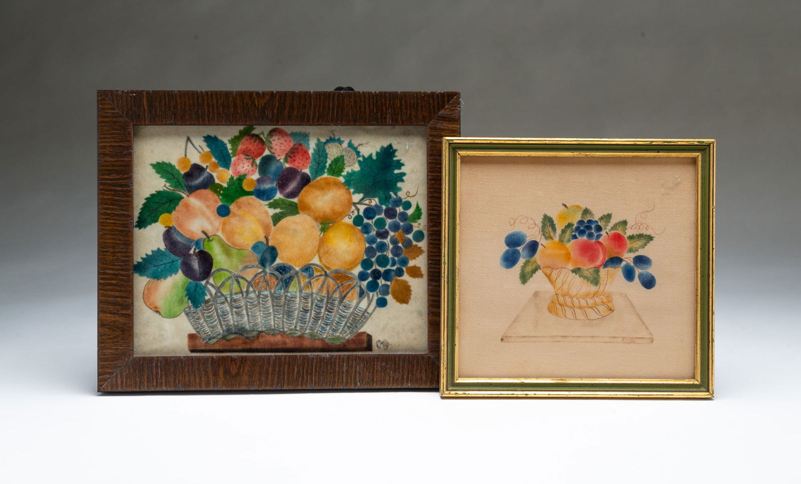 TWO AMERICAN SCHOOL STENCILED THEOREMS ON VELVET. Largest, 9.75"h. 11.75"w. (1 of 5)