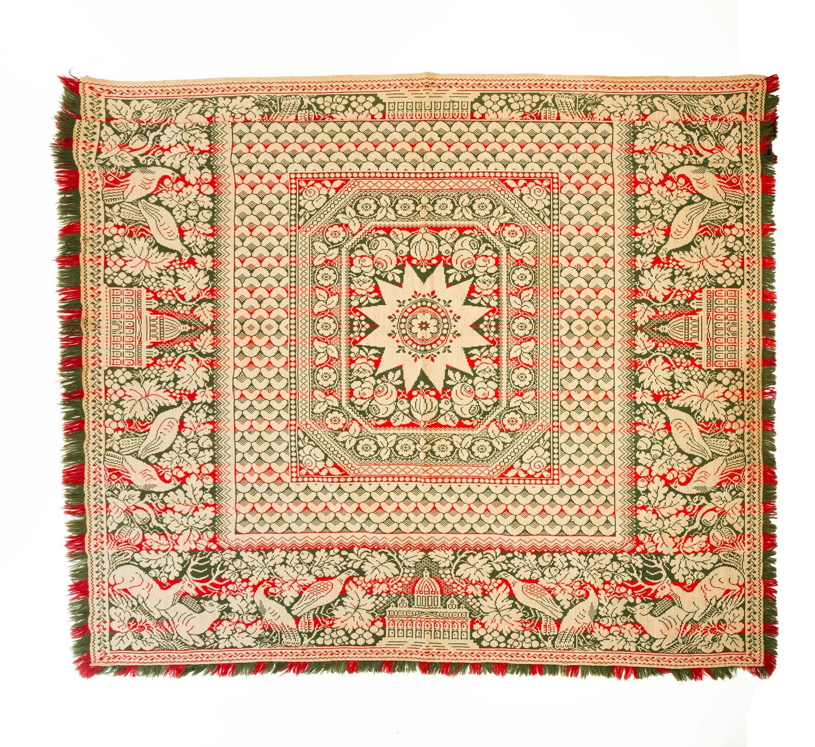 AMERICAN THREE-COLOR JACQUARD COVERLET. 70"w. 84"l. (1 of 4)