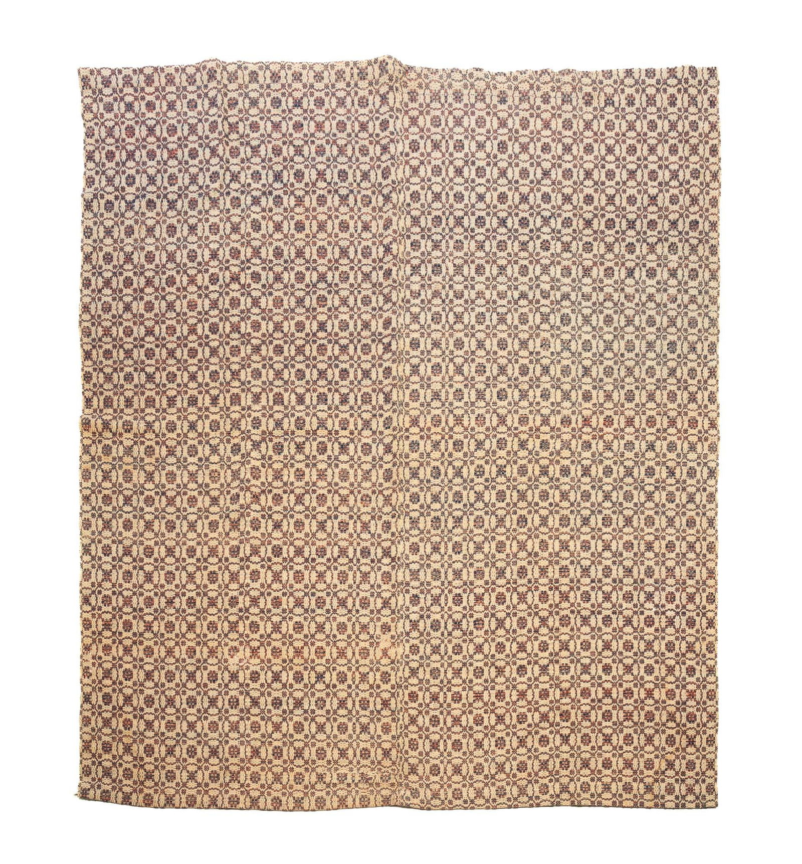 AMERICAN OVERSHOT COVERLET FOUND IN BRUNSWICK, MAINE. 66"w. 74"l. (1 of 2)