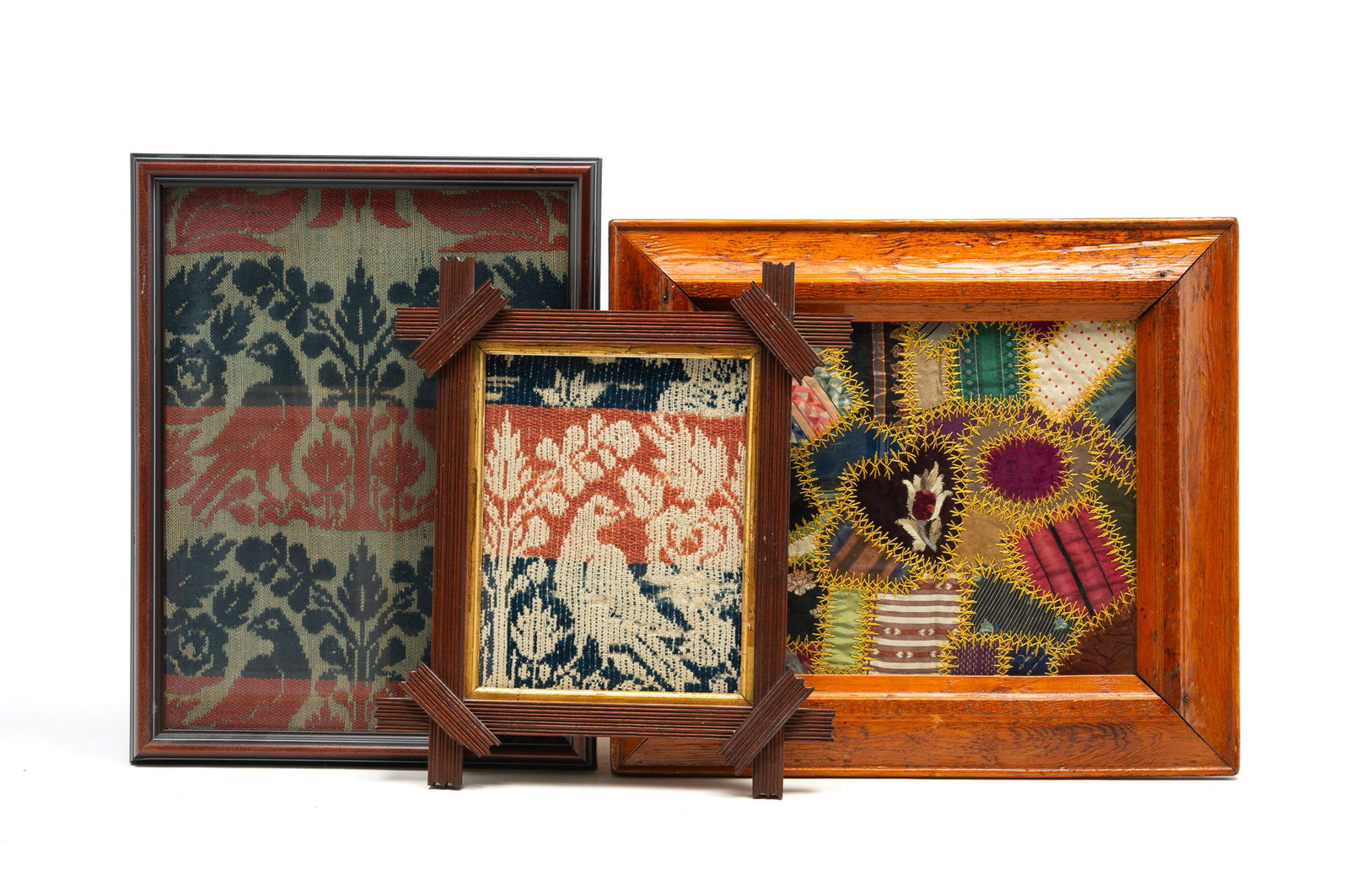 THREE FRAMED TEXTILE FRAGMENTS. Largest, 16"h. 18"w. (1 of 5)