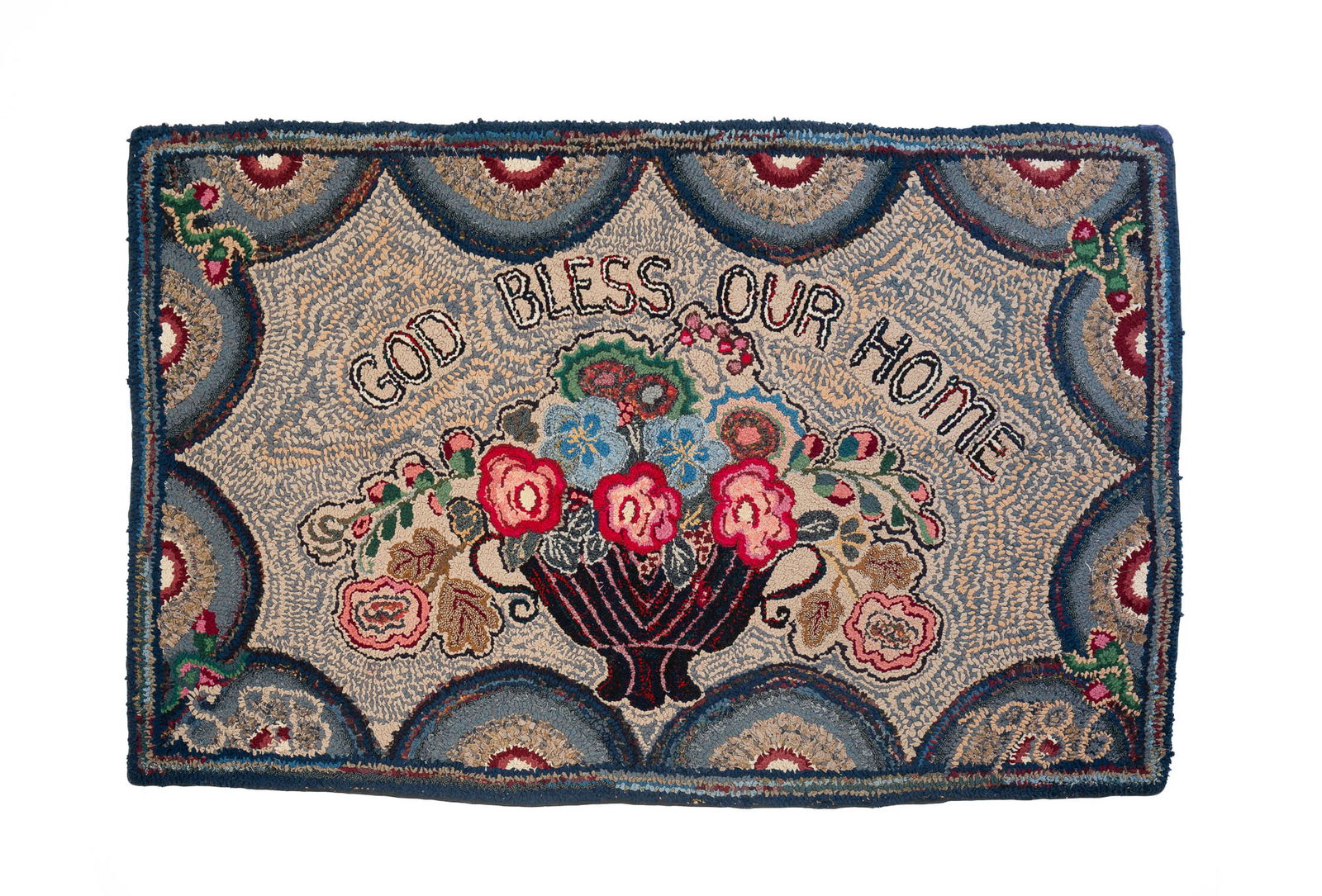 AMERICAN FOLK ART "GOD BLESS OUR HOME" HOOKED RUG, DATED 1986. 45"h. 70"w. (1 of 6)
