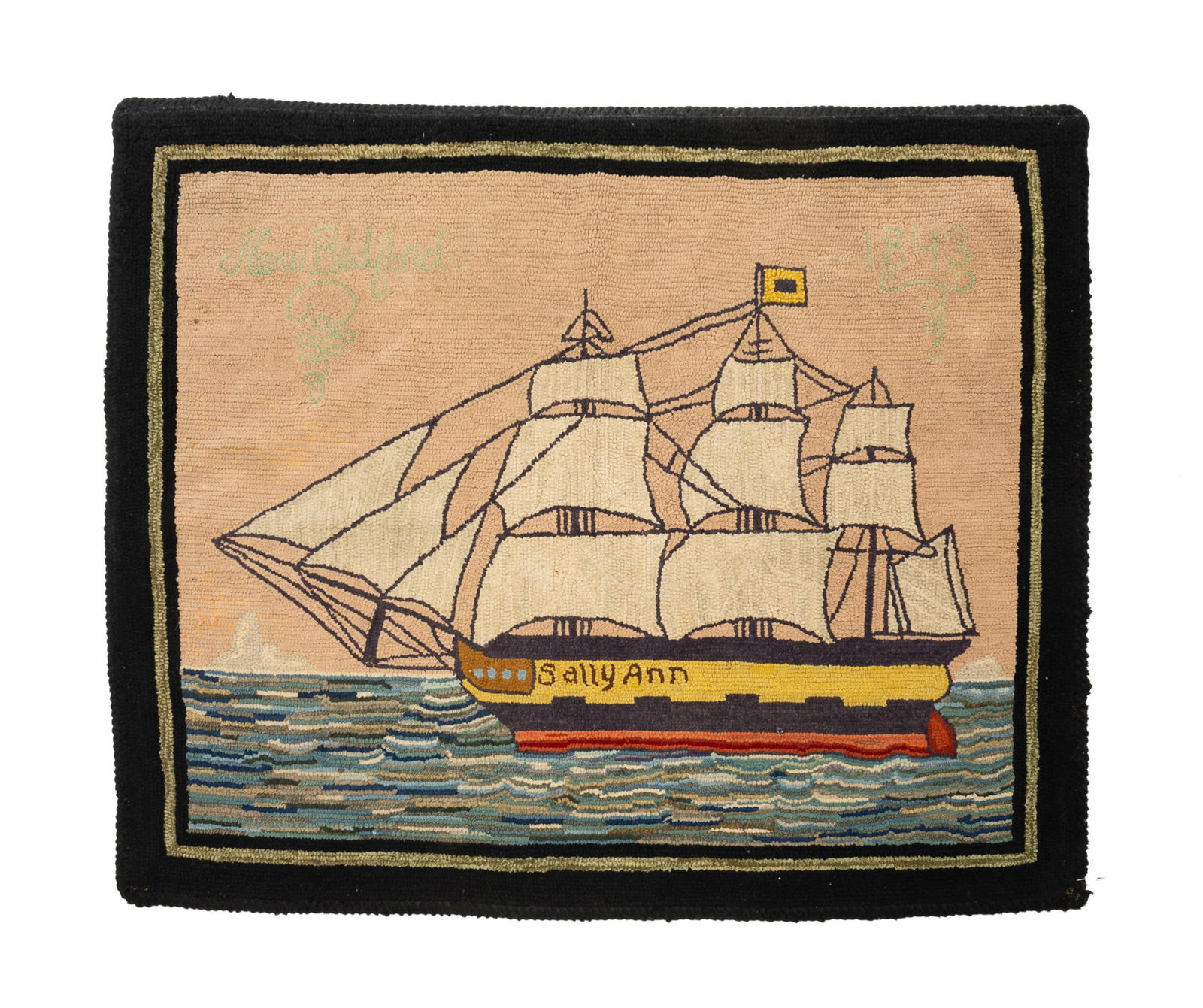 NEW BEDFORD, MASSACHUSETTS HOOKED RUG OF THE WHALING SHIP "SALLY ANN". 36"h. 44"w. (1 of 5)