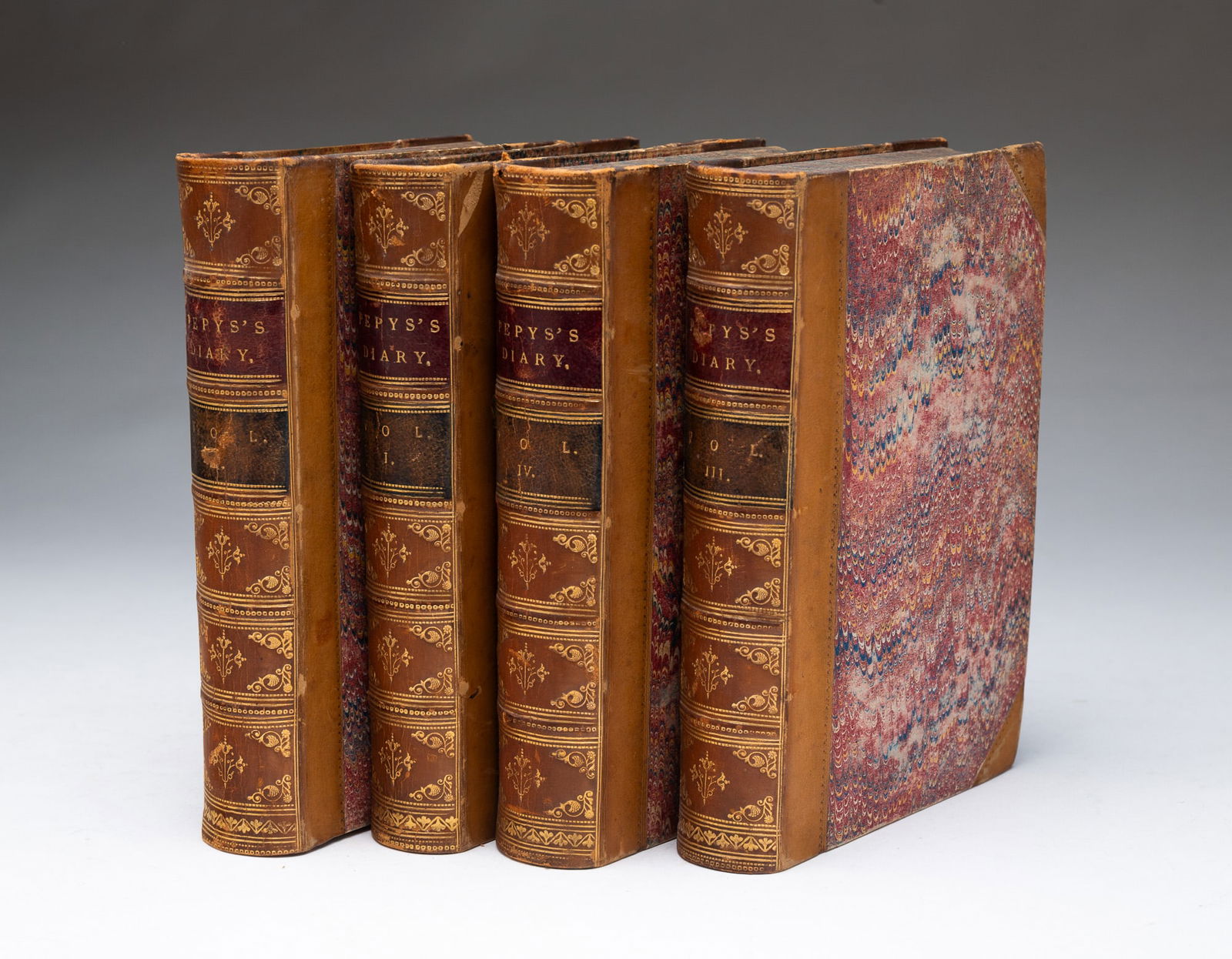 DIARY AND CORRESPONDENCE OF SAMUEL PEPYS IN FOUR VOLUMES.: London, Bell & Daldy, 1872. Leather-bound books with marbled covers and page edges, and gilt decoration on the spine. One book 5"w. 7"d. SHIPPING: All purchases from Amelia Jeffers, Auctioneers &