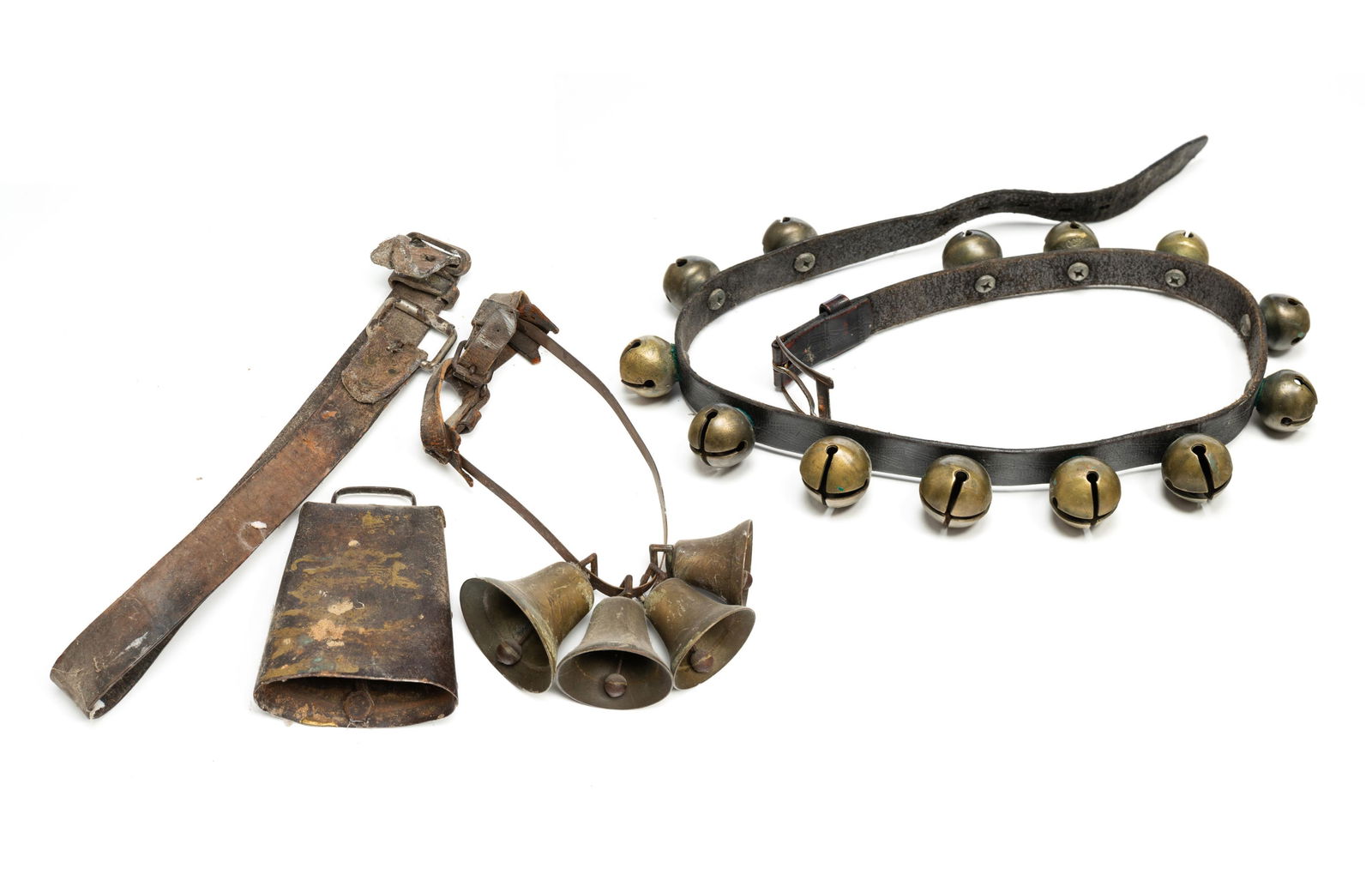 GROUP OF SLEIGH BELLS AND COW BELLS. Sleigh bell strap is 41"l. (including buckle). (1 of 6)