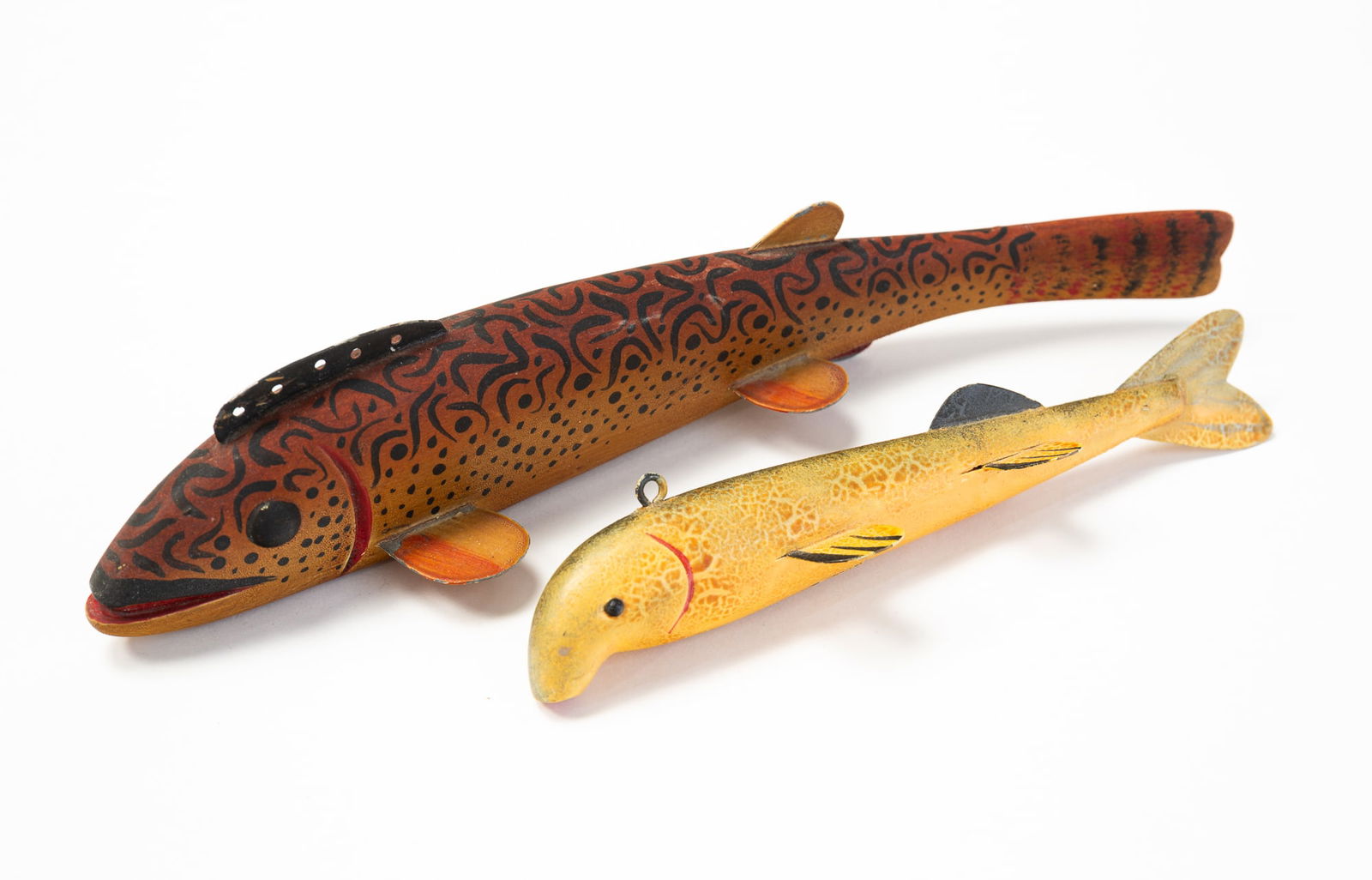 TWO AMERICAN CARVED AND PAINT-DECORATED FISH DECOYS, INCL. CADILLAC STYLE EXAMPLE. Largest, 8.75"l. (1 of 3)