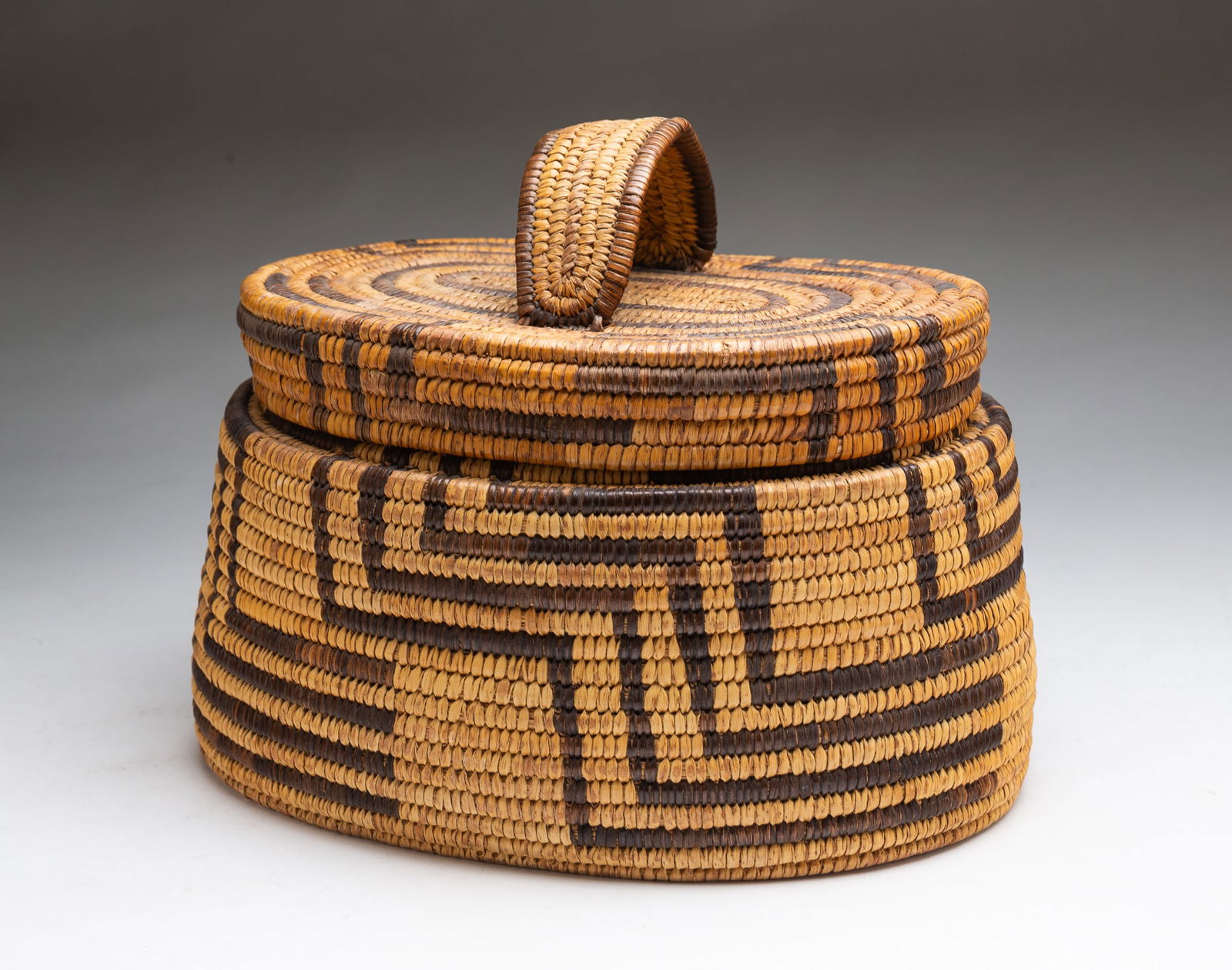 TOHONO O'ODHAM/PAPAGO LIDDED BASKET. 8.75"h. 9.75"w. 8"d. (1 of 3)