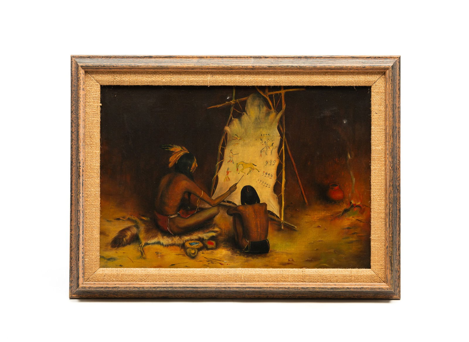 OIL ON CANVAS OF A NATIVE AMERICAN HISTORY OR ART LESSON. Frame, 19.5"h. 26.5"w. Canvas, 15.25"h. (1 of 4)