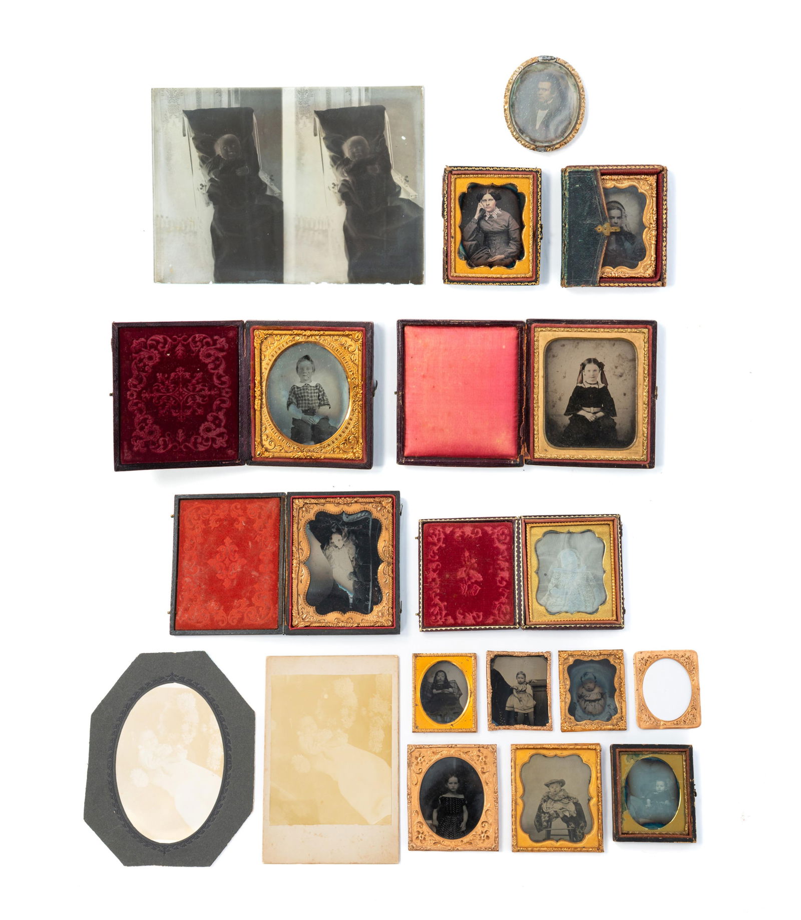 GROUP OF EARLY PORTRAIT IMAGES, INCL. POSTMORTEM EXAMPLES. Largest cased image, 4.5"h. 3"w. (1 of 11)