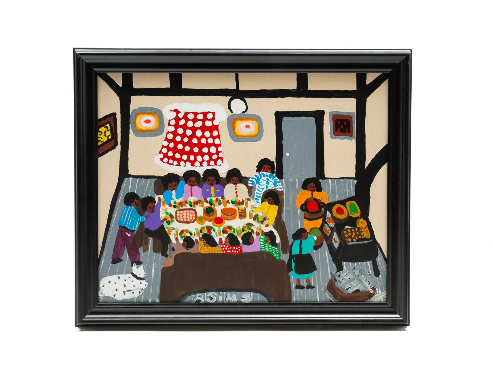 BERNICE SIMS (ALABAMA, 1926-2014) ACRYLIC ON CANVAS OF A FAMILY DINNER. Frame, 19"h. 23"w. Canvas, (1 of 4)